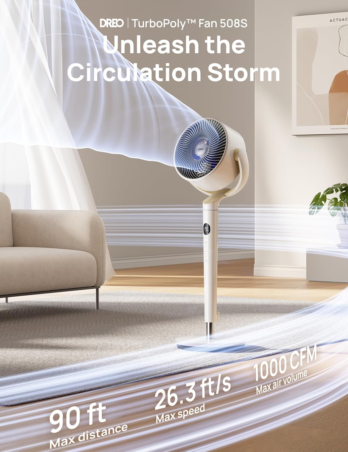 Dreo Smart Fan for Bedroom, 120° +120° Omni-Directional Oscillating Fans, 90ft Quiet Pedestal Fan with RGB Light, 9 Speeds, 6 Modes, 20dB, 8H Timer, Wi-Fi/Voice/Alexa, 37-42