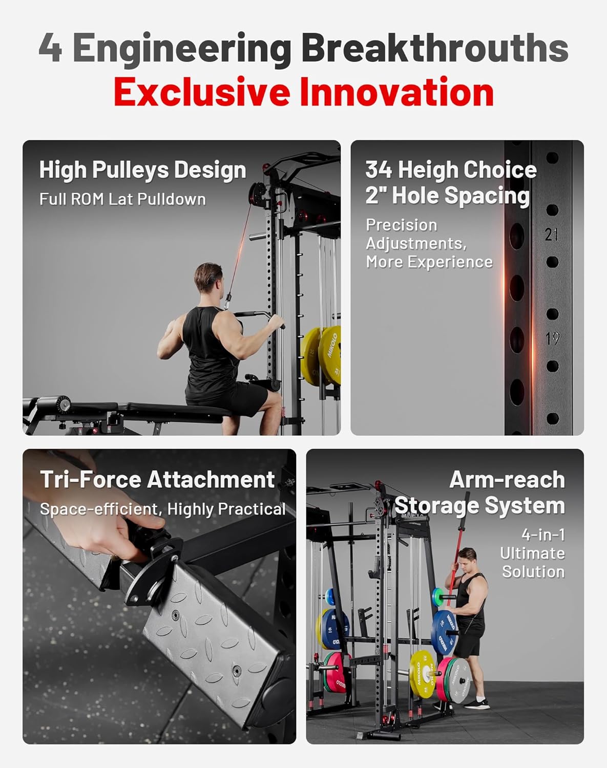 Mikolo Smith Machine, 2200lbs Squat Rack with LAT-Pull Down System & Cable Crossover Machine, Training Equipment with Leg Hold-Down Attachment