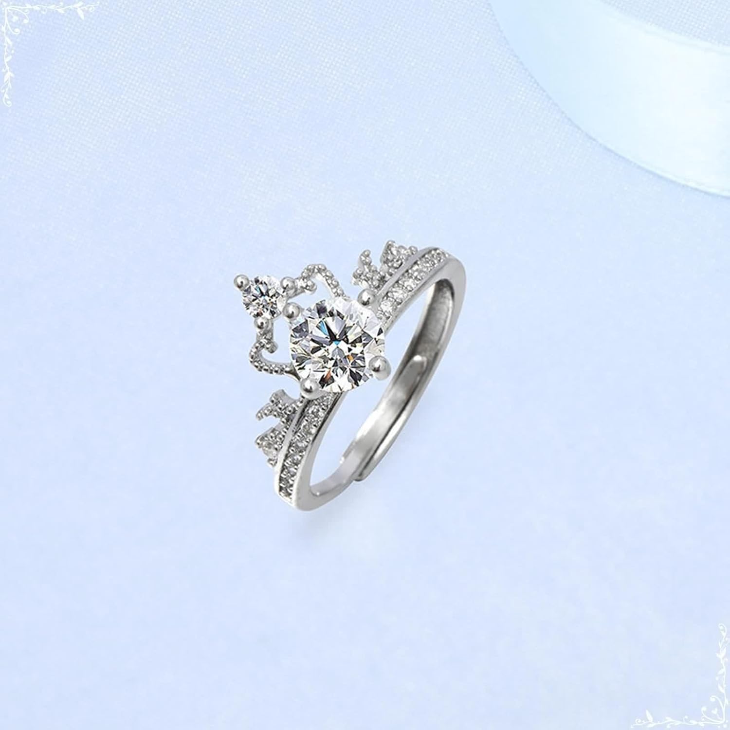 18K White Gold Ring for Women, Unique Engagement Ring Moissanite Crown Silver Jewelry for Bride