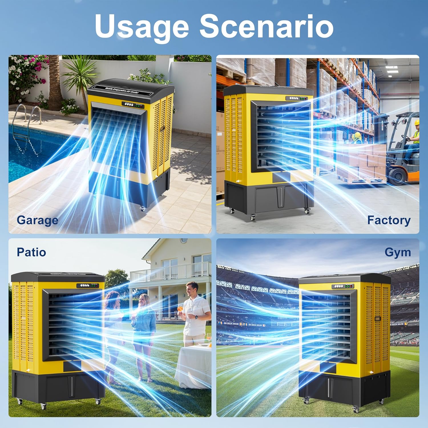 Swamp Cooler, 8990CFM Evaporative Air Coolers with 36 Gal Tank, Windowless Air Conditioner 3 Speeds for Outdoor Use, 58 Inch Air Cooler Water Fan for Patio, Garage, Shop, Commercial Yellow