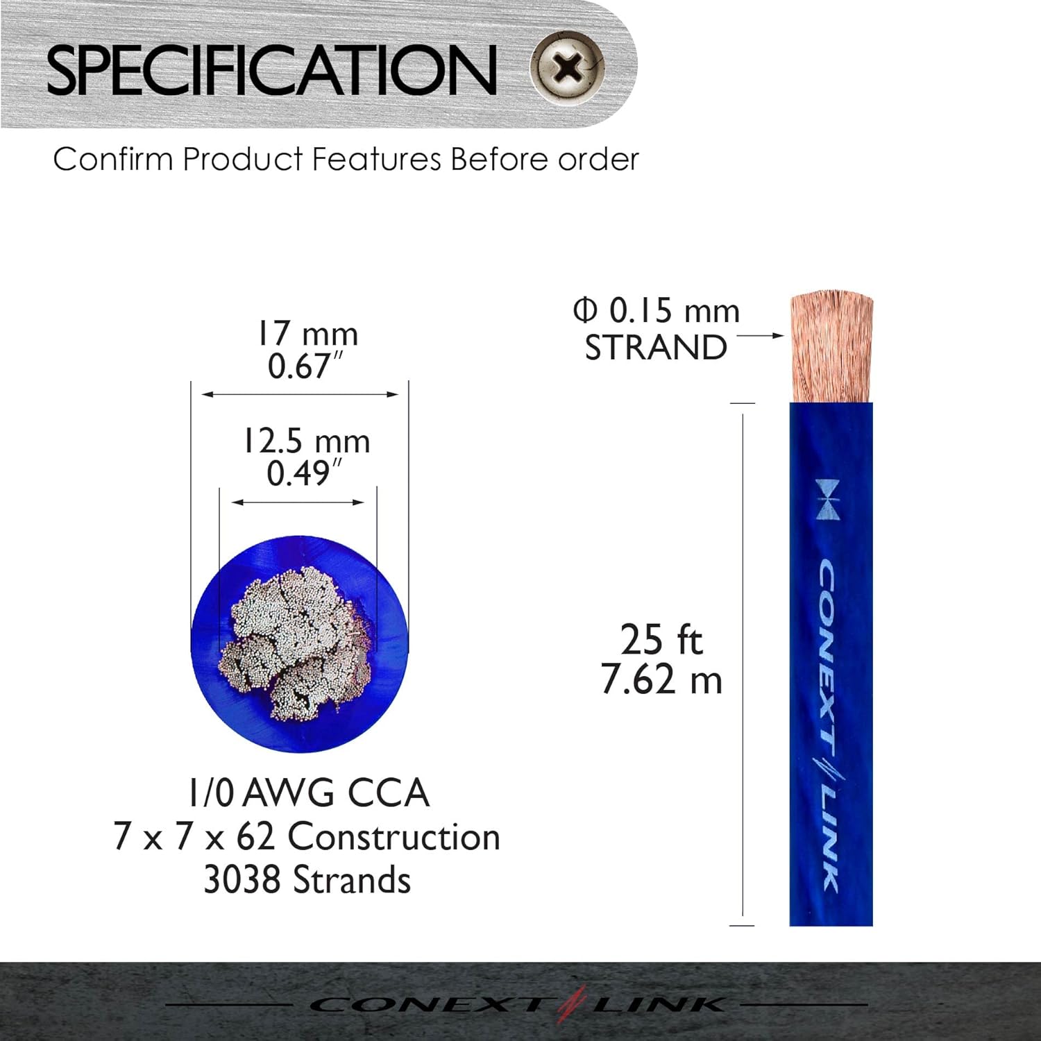 Conext Link 25 ft Frost Blue 1/0 Gauge Amplifier Power Ground Wire 0 GA Battery Cable
