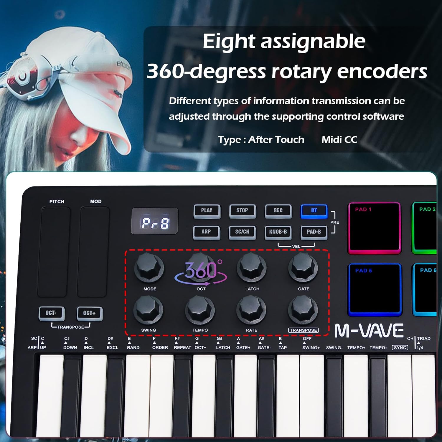 M-VAVE 25 Keys 8 Backlit Drum Pads MIDI Keyboard – Professional Beat Maker and Keytar for Keyboard Music Production Builtin Battery Wireless Connect Black