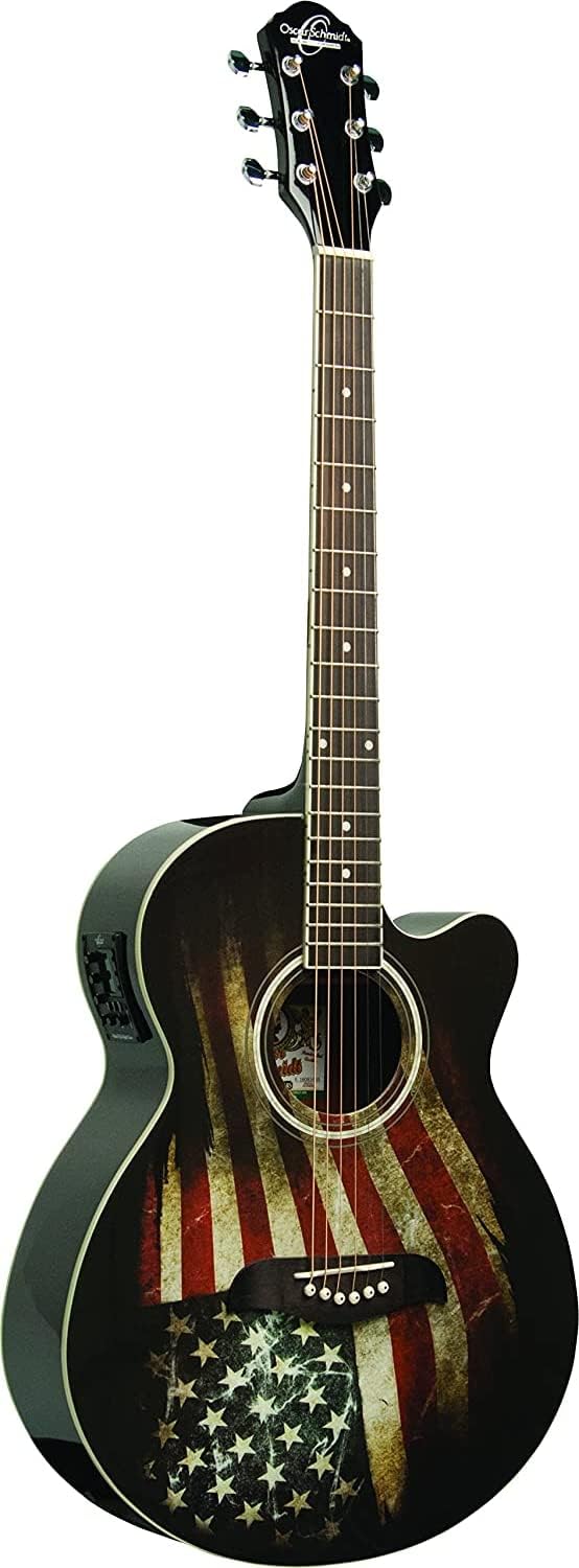 Oscar Schmidt 6 String OG10CE Cutaway Acoustic-Electric Guitar. USA Flag Graphic (OG10CEFLAG-A)
