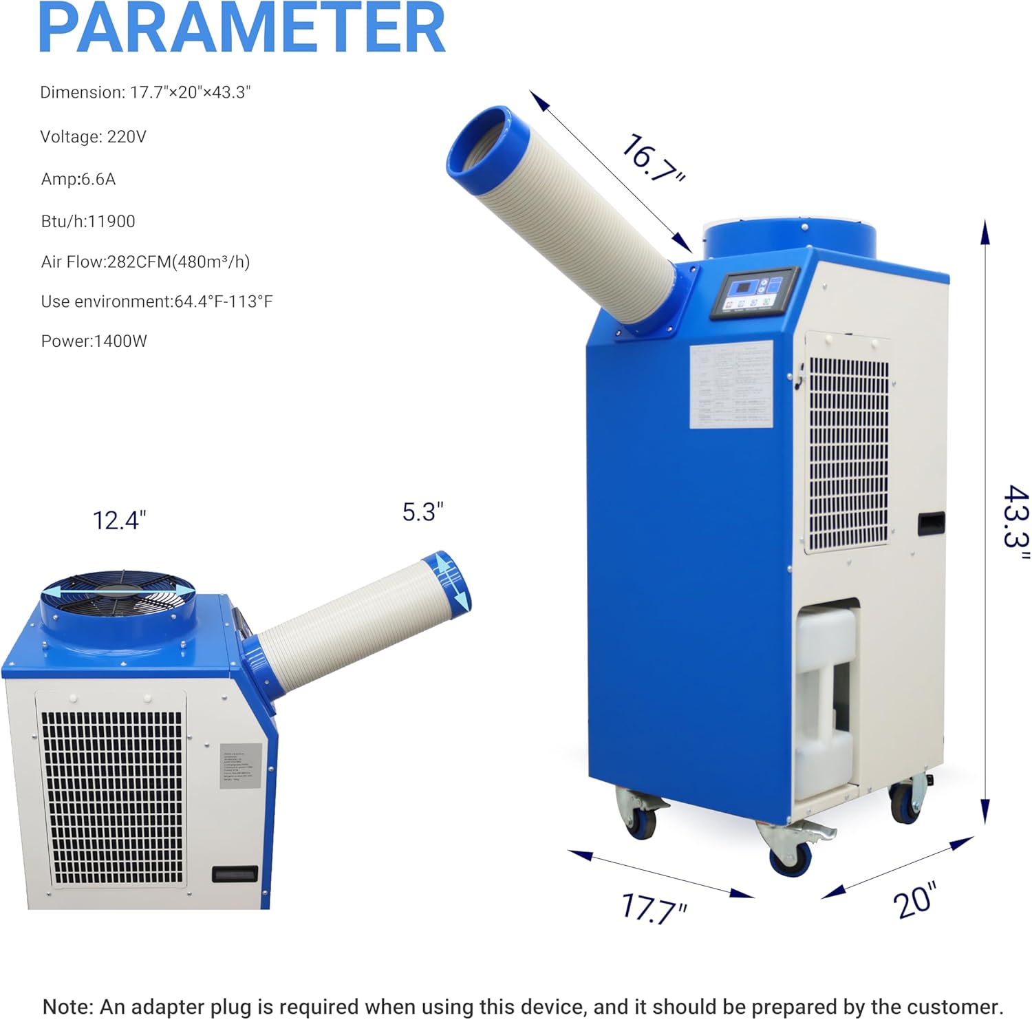 11900BTU/H Portable Air Conditioner Industrial Grade Portable Mobile Spot Cooler for Temporary Outdoor Events Industrial Air Conditioner with 3.7Gal Water Tank Single Duct 1.4KW 220V
