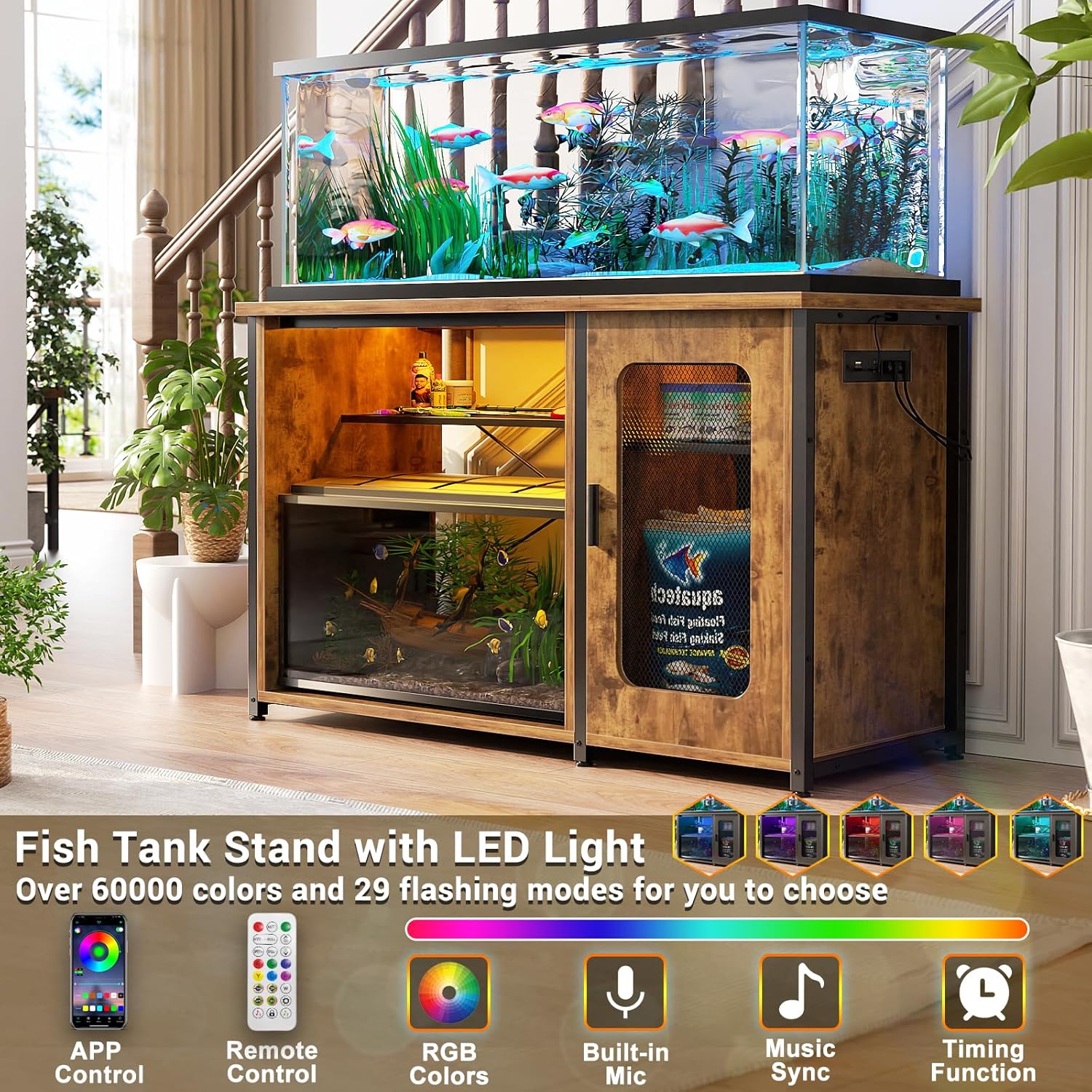 Unikito 55-75 Gallon Aquarium Stand with Power Outlets & LED Light, Reversible Fish Tank Stand with Cabinet for Fish Tank Accessories Storage, Heavy Duty Metal Frame, 880LBS Capacity, Rustic Brown