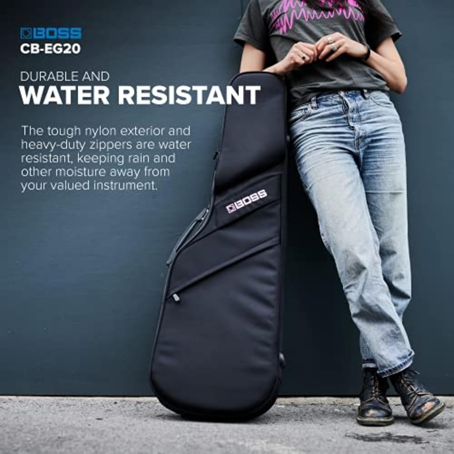 BOSS CB-EG20 – Premium Protection, Lightweight Semi-Rigid Guitar Gig Bag – Thick Internal Padding – Backpack Straps for Easy Transport – Accessories Pockets and Heavy-Duty Zippers