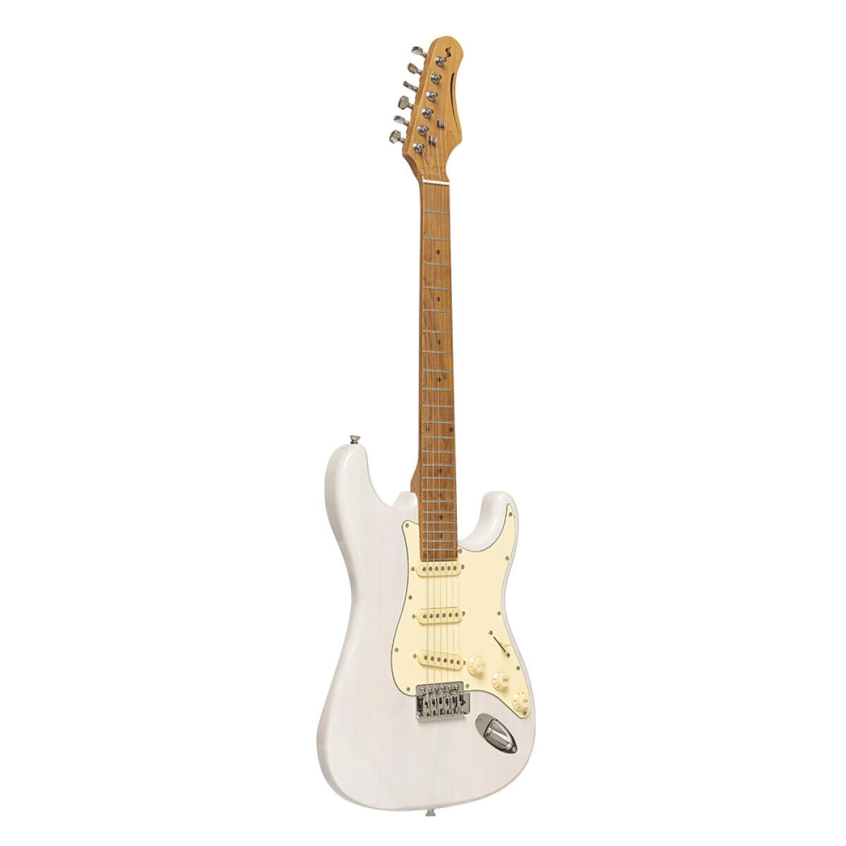 Stagg SES-55 WHB Series 55 Electric Guitar with Solid Paulownia Body l Tempered Maple Neck l 22 Fret Maple Fingerboard l Aged White 3-Ply Pickguard l See through White Blonde Finish