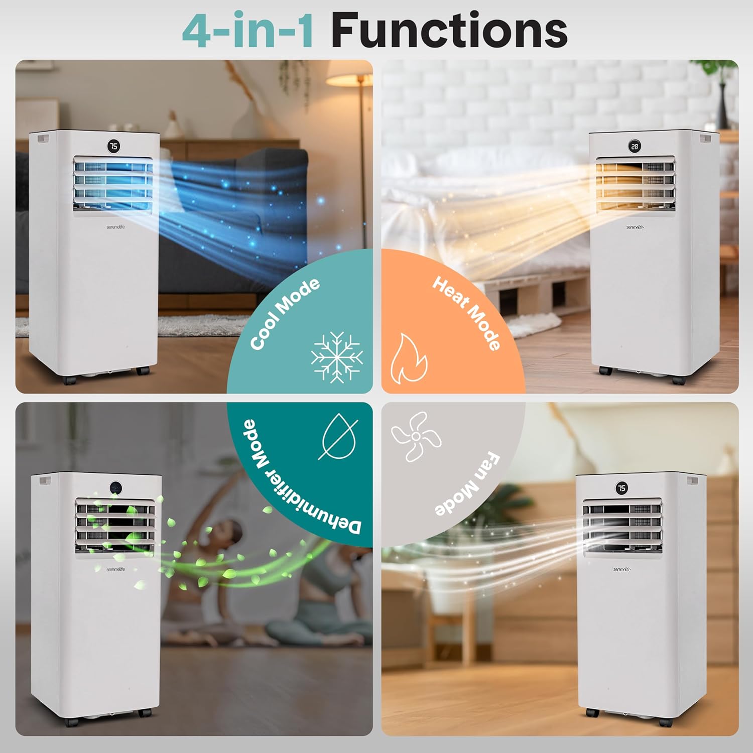 SereneLife 8,000 BTU Portable Air Conditioner and Heater, Small AC with Dehumidifier and Fan, Wifi Function, Mini AC Unit with 350 Sq. Ft. Coverage, Includes Remote Control and Window Mount Kit