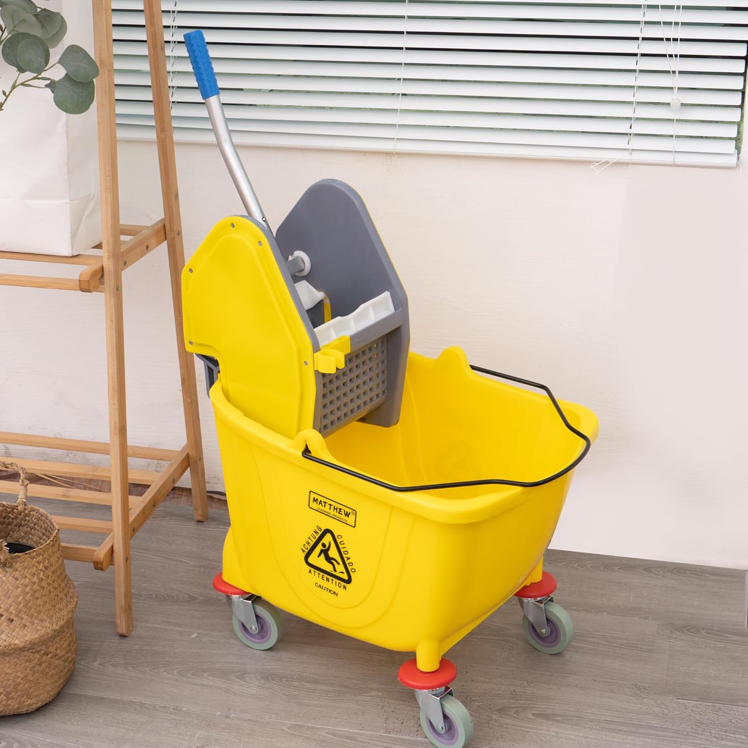 MATTHEW CLEANING 34Quarts Commercial Mop Bucket INCL.Wet String Mop with Down Press Wringer On Wheels,Industrial Heavy-Duty Floor Cleaning w/Handle, Mop Bucket for Home,Offices,Commercial, Restaurants