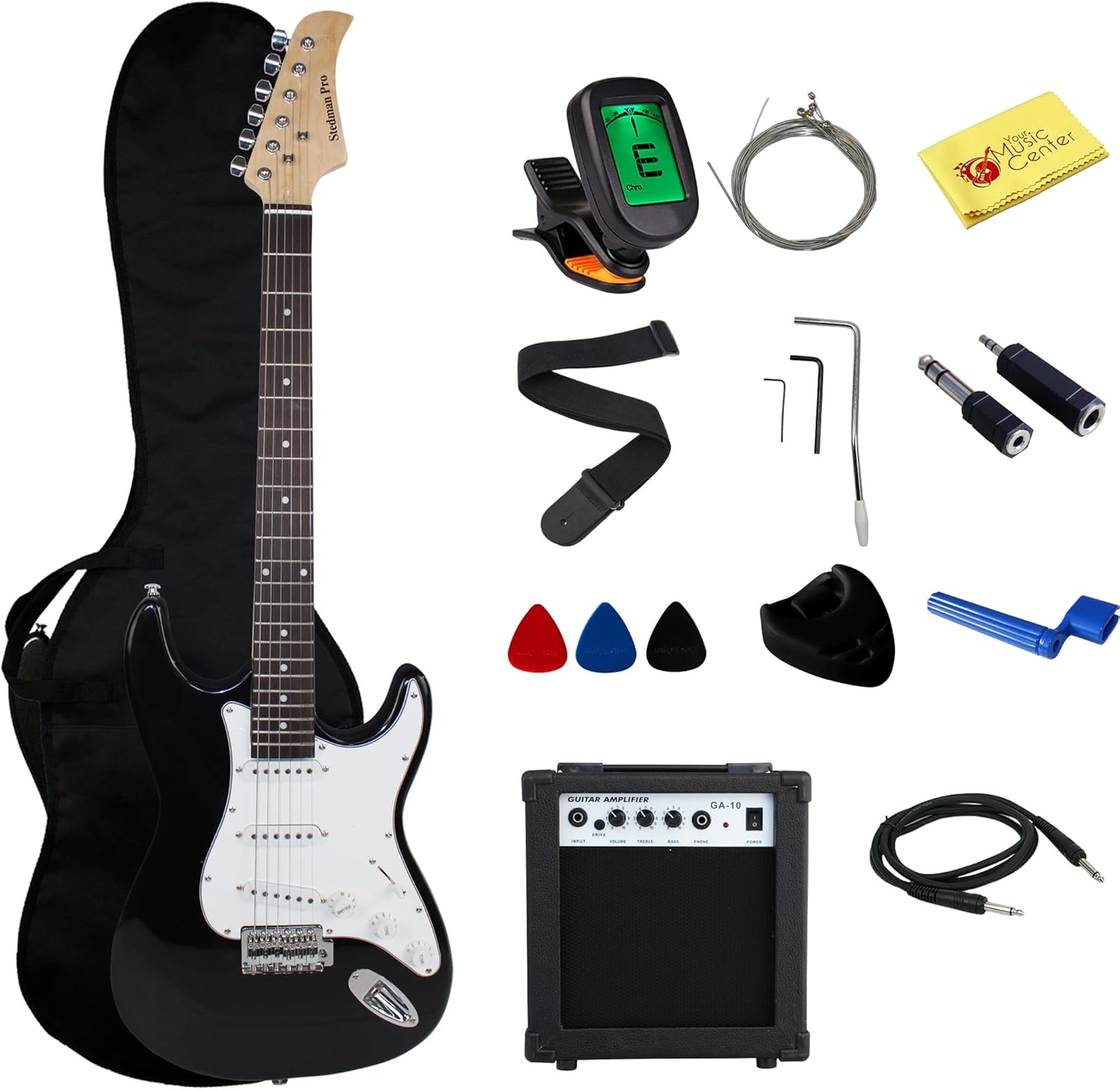 Beginner Series 39-Inch Electric Guitar with 10-Watt Amp, Case, Strap, Cable, Capo, Picks, Electronic Tuner, Stringwinder and Polish Cloth - Black