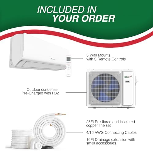 BRAVO 24,000 BTU 3-Zone 9000 + 9000 + 9000 BTU Wall Mount, 23 SEER2 Ductless Mini Split AC & Heat Pump – Includes Smart Control & 25FT Installation Kits – Inverter System