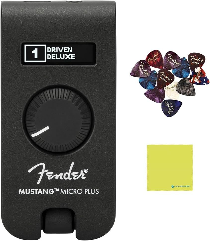 Fender Mustang Micro Plus Headphone Amplifier Bundle with 12x Guitar Picks and Instrument Polishing Cloth - Rechargeable Battery, Bluetooth Audio Streaming and 50 Amp and Effects Models