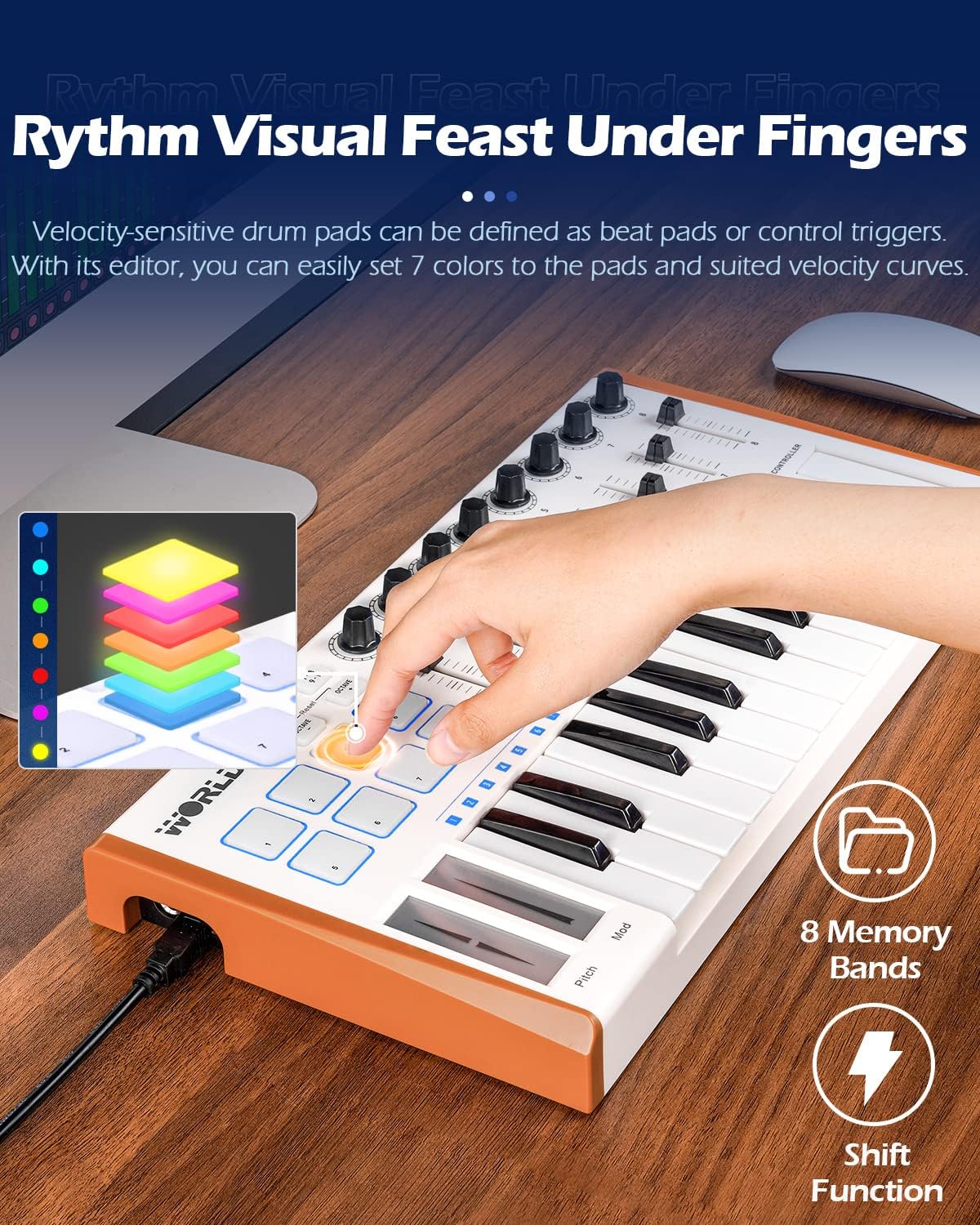 Vangoa Worlde MIDI Keyboard Controller 25 Key, Worlde Tuna Mini USB Portable Beat Maker Machine, Midi Keyboard with Drum Pads for Beginners, 8 Knobs, 8 Faders, Pedal Interface, White