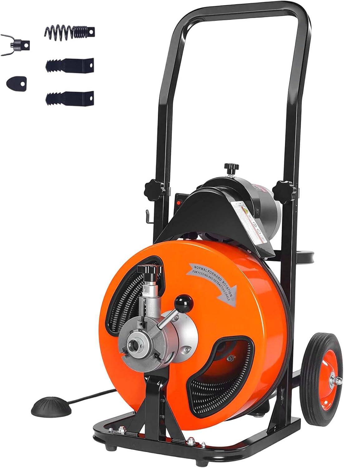 VEVOR Drain Cleaning Machine 50 FT x 1/2 Inch, Sewer Auger Auto Feed with 4 Cutter & Air-activated Foot Switch for 2