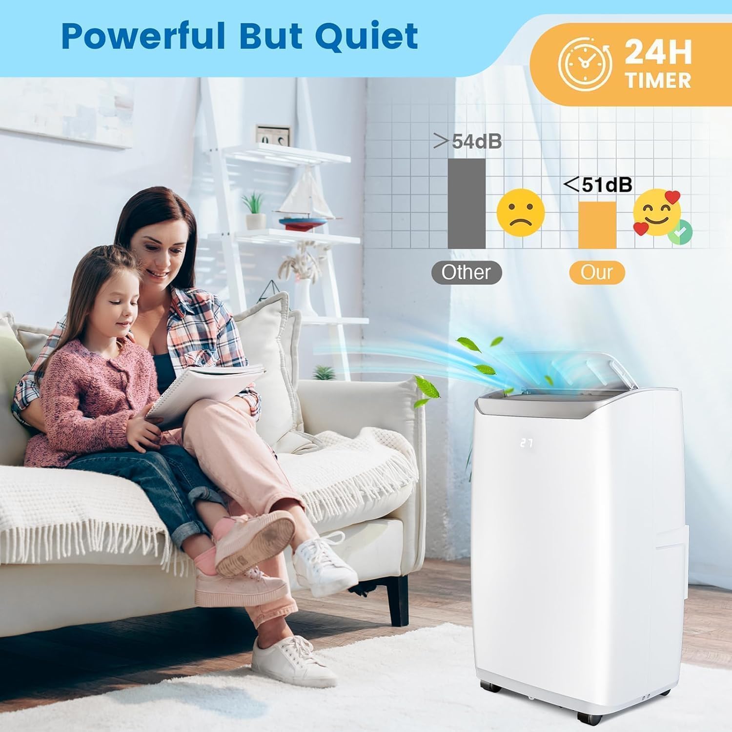 14000 BTU Portable Air Conditioner with Cooling, Heating, Dehumidifier, 24H Timer, Remote Control, Cools Rooms up to 750 Sq. Ft, Air Cooling Fan for Home and Office, White