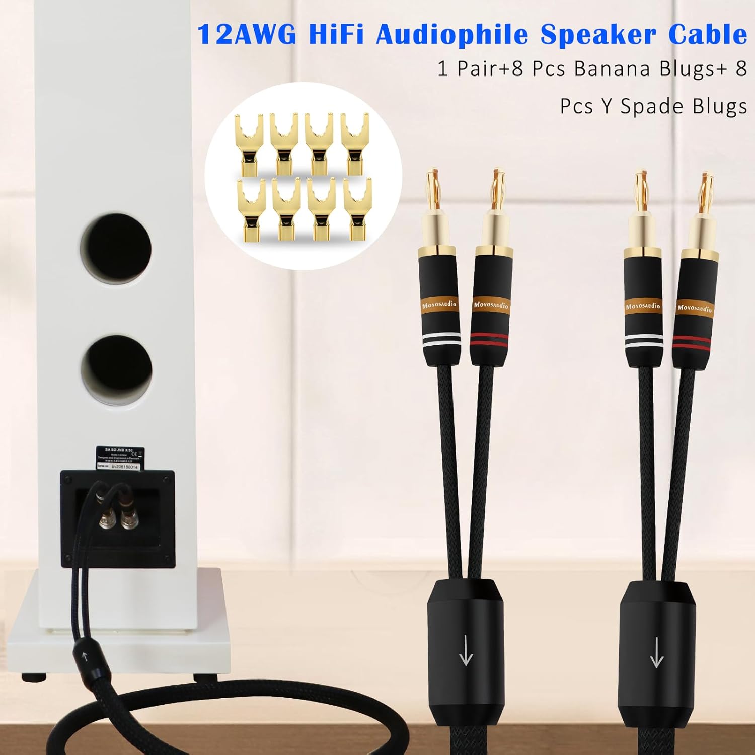 Monosaudio 12 Gauge Speaker Cable Pair Speaker Wire with Banana Plugs/Y Spade Connectors Convertible Gold Plated OFC Copper for Amplifier/Speakers/AV Receiver/Home Stereo Sound Systems(2.5M/8.2Ft)