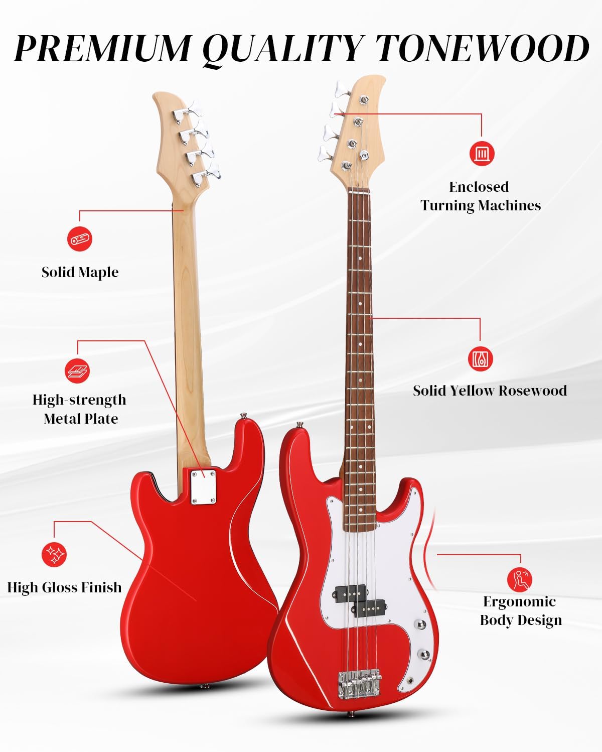 Ktaxon Full Size Bass Guitar 4 String Electric Bass Guitar Kit with Solid Wood Body, Dynamic Tone & Fantastic Hand Feeling Includes 20W Amp, Cable, Strap, Pick and Wrench(Red)