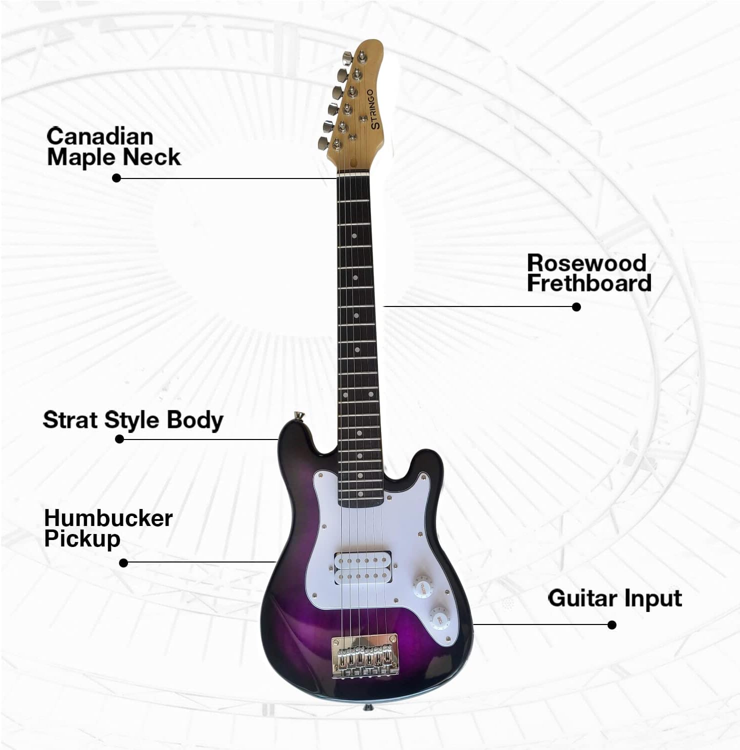 Purple 30 Inch Kids Electric Guitar Beginner Kit, Set Includes 20W Amplifier 3 Picks, Shoulder Strap, Tuner, Bag Case