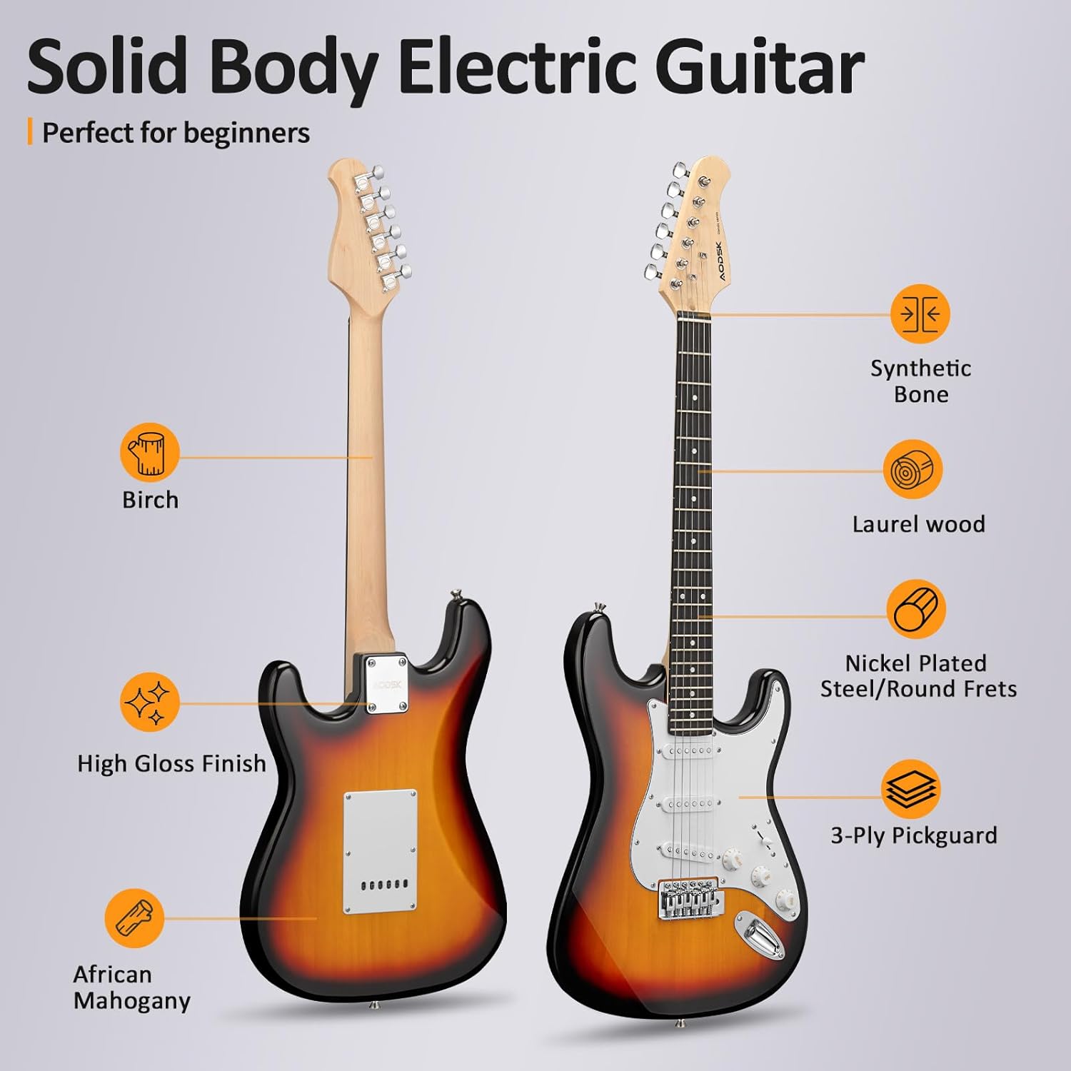 AODSK Electric Guitar with Amp Beginner Kit 39 Inch Solid Body Full Size,All Accessories,Digital Tuner,Six Strings,Four Picks,Tremolo Bar,Strap,Gig Bag,Starter kit (Sunburst-SSS)