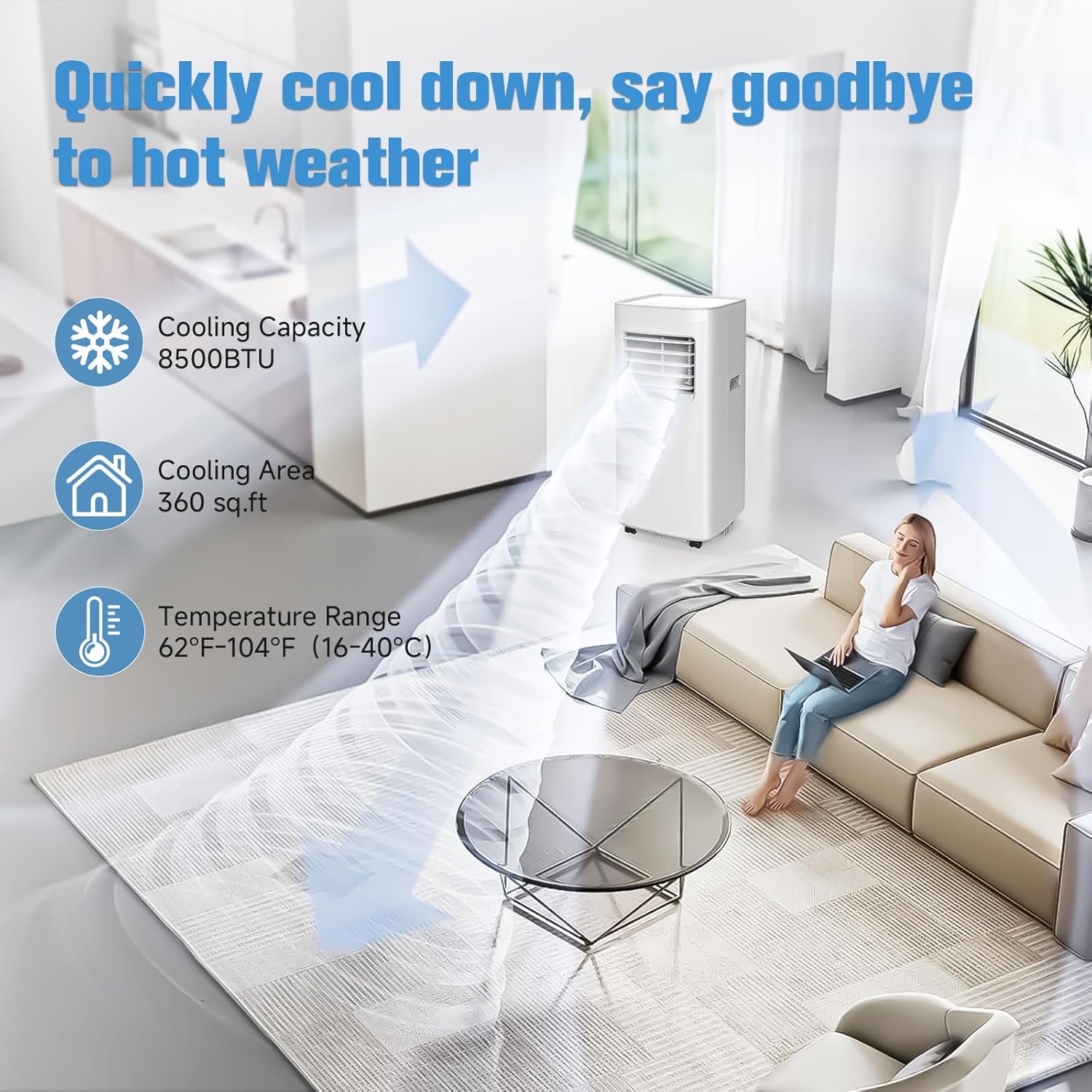 Portable Air Conditioner,8500 BTU Portable ac units up to 360 Sq.Ft,Portable ac units for Homeowner,Renter,family White