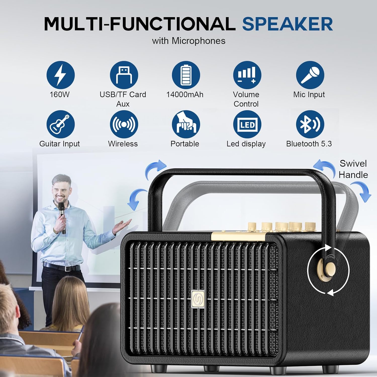 Wireless Voice Amplifier Professional Karaoke Machine with 2 UHF Microphones for Adults, 320W Peak Bluetooth Speaker PA System Treble & Bass for Home Party Wedding Outdoor Christmas Events L400