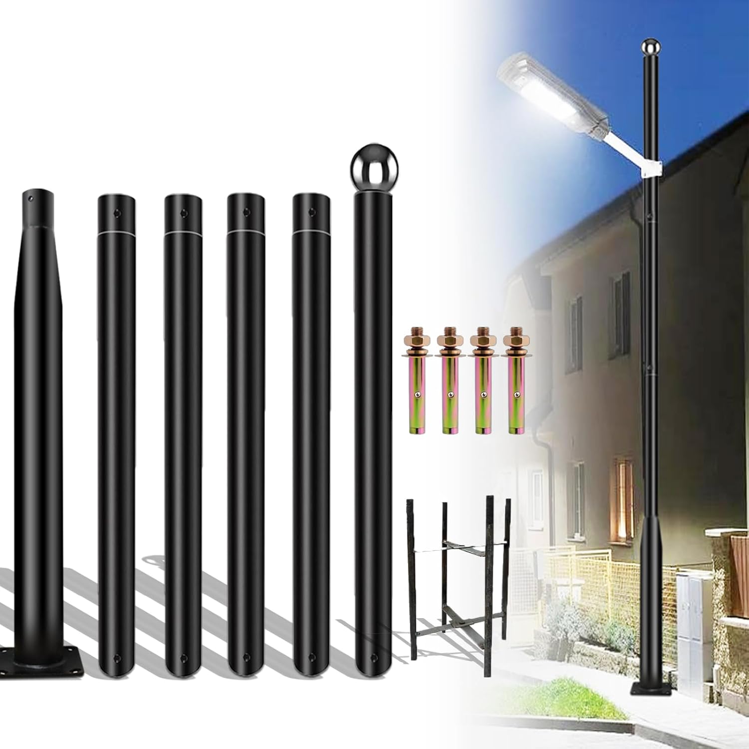 20Ft Tall Street Light Pole - Outdoor Metal Split Heavy Duty Street Lamp Post for Outside Large Solar Street Lights with Mounting Rebar Cage Base Accessory for Parking Backyard Patio Yard