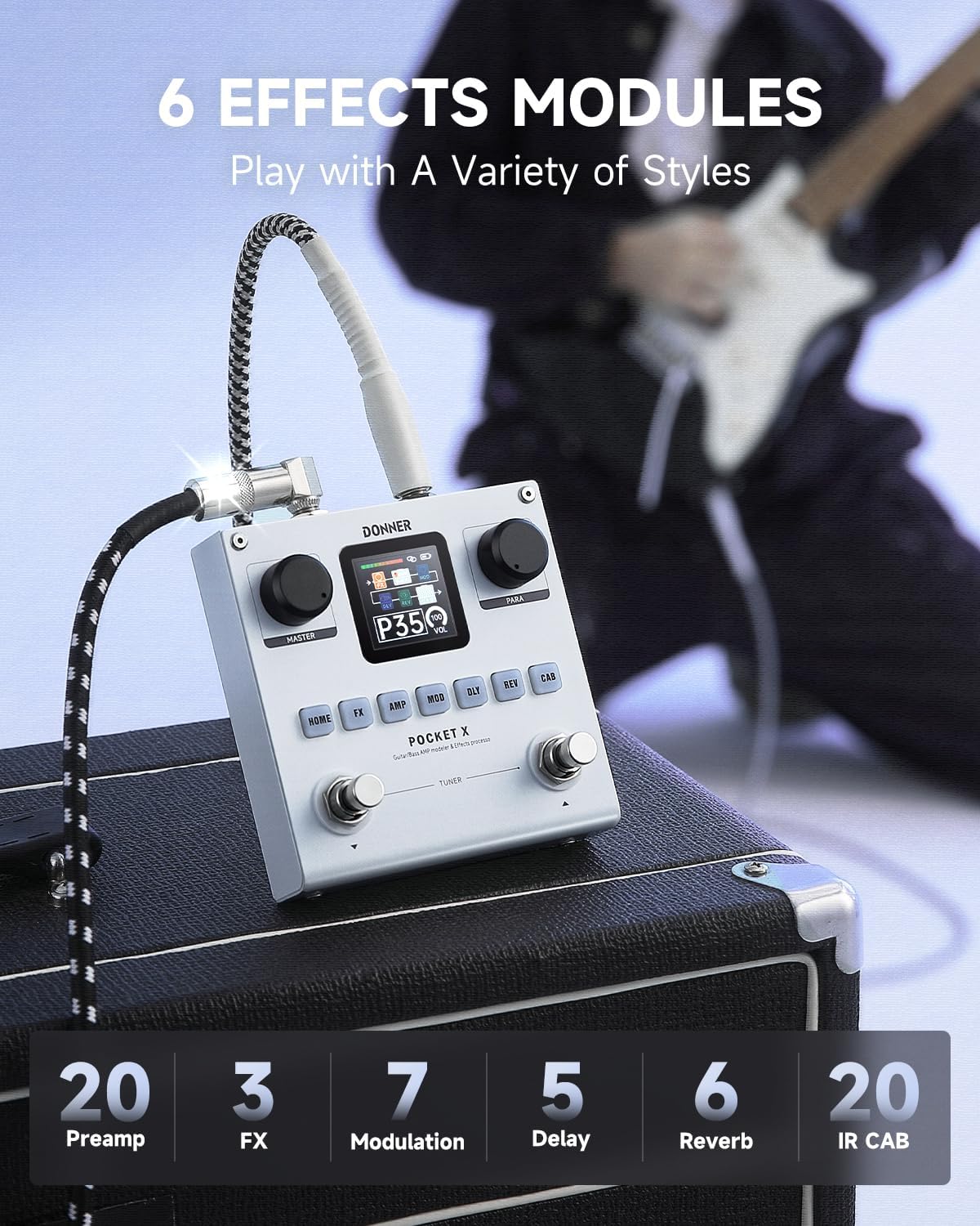 Donner Pocket-X Multi Effects Guitar Pedal Guitar/Bass AMP Modeler Multi Effects Processor Portable Rechargeable Guitar Pedal with 6 Effects Modules, 80 Presets, 20 IRs for Electric Guitar