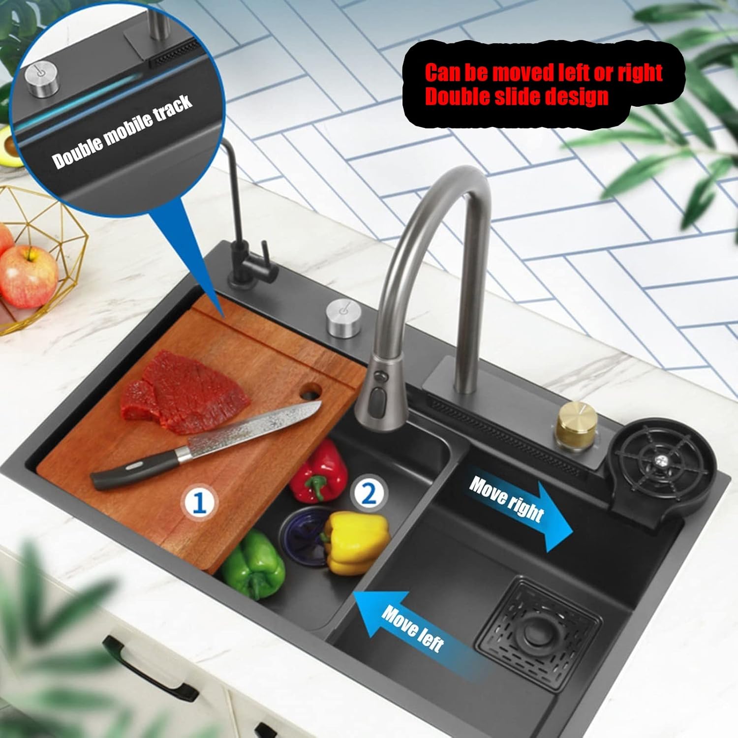 Kitchen Sink Flying rain Waterfall Single Sink with Pull-Out tap, pressurised Cup Washer, Chopping Board and Other Accessories Workstation - Gun Grey, 80 * (