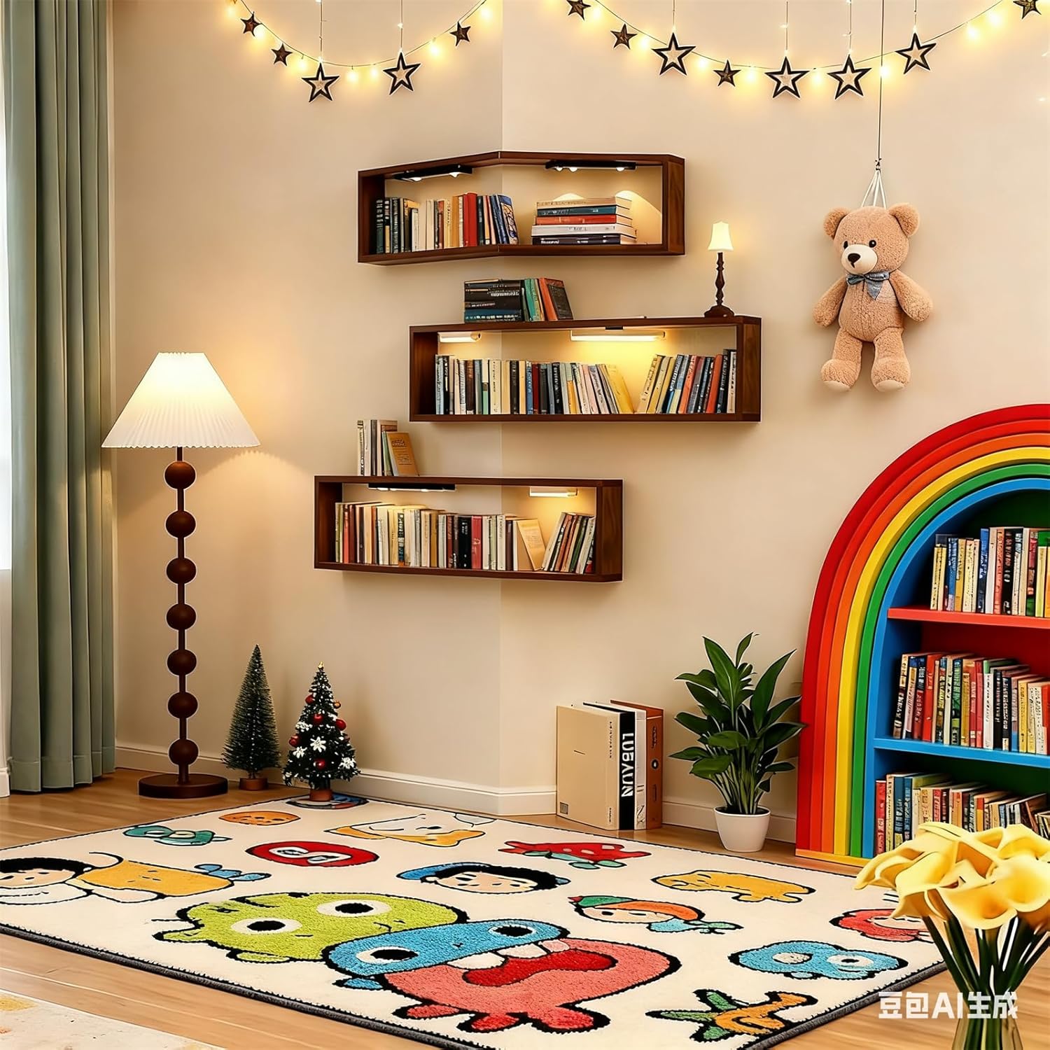 Smart Corner Shelves That Light up Your Space,Illuminated Wooden Wall-Mounted Display Rack,Corner Wall Floating Storage Shelves with Light,Space-Saving for Living Room,Bedroom (Without Light)