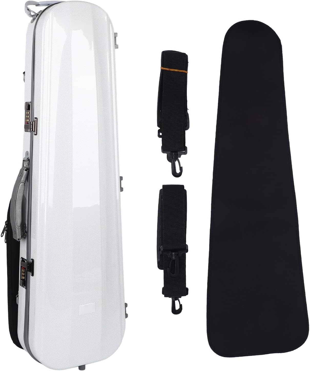 White 4/4 Carbon Fiber Violin Case Secure Locks Hygrometer 2 Shoulder Straps for 4/4, 3/4, 1/2, 1/8 Violins