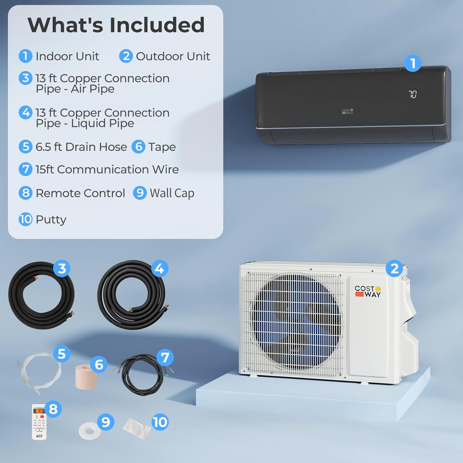 COSTWAY 9100BTU Mini Split Air Conditioner& Heater, 20.5 SEER2 115V Inverter Heater Pump System Cools Up to 450 Sq. Ft, Compatible with Alexa, Installation Kit (9100BTU, 115V, 20.5 SEER2)