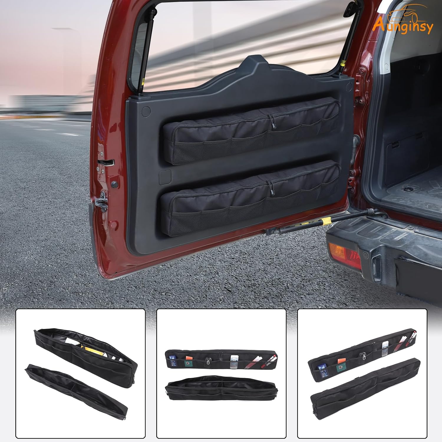 Aunginsy 2Pcs Trunk Organizer Compatible with Toyota FJ Cruiser 2007-2024+, Rear Tailgate Storage Bag Organizer Back Door Panel Storage Pockets Box Multi-Compartment Oxford Cloth Expansion Accessories