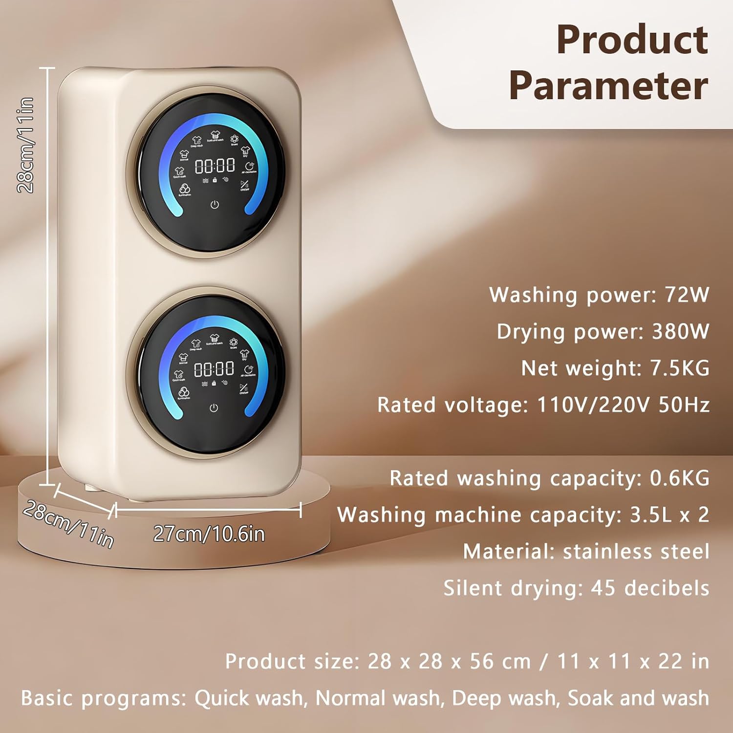 BANGBANGJI Compact Mini Twin Tub Washing Machine, Compact Laundry Washer and Spinner, Each Bucket Washing Capacity 3.5L, 45dB Ultra Quiet, for Small Clothes, Underwear and Socks Desktop