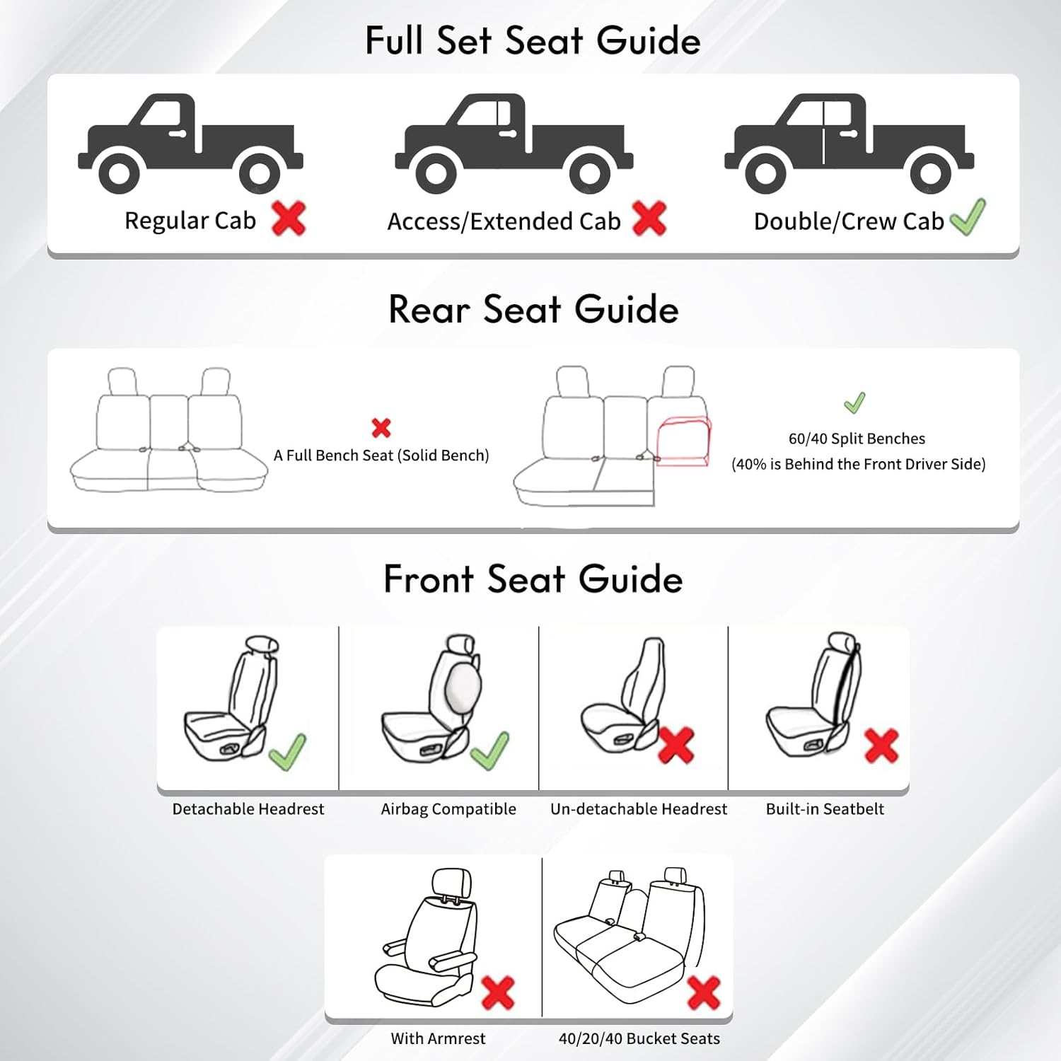 Huidasource Tacoma Front&Back Seat Covers, Gray Leather Car Seat Cushion Cover Accessories Fit for 2016-2023 Double & Crew Cab Toyota Tacoma SR SR5 Limited TRD Sport/Pro/Off Road(Full Set/Gray)