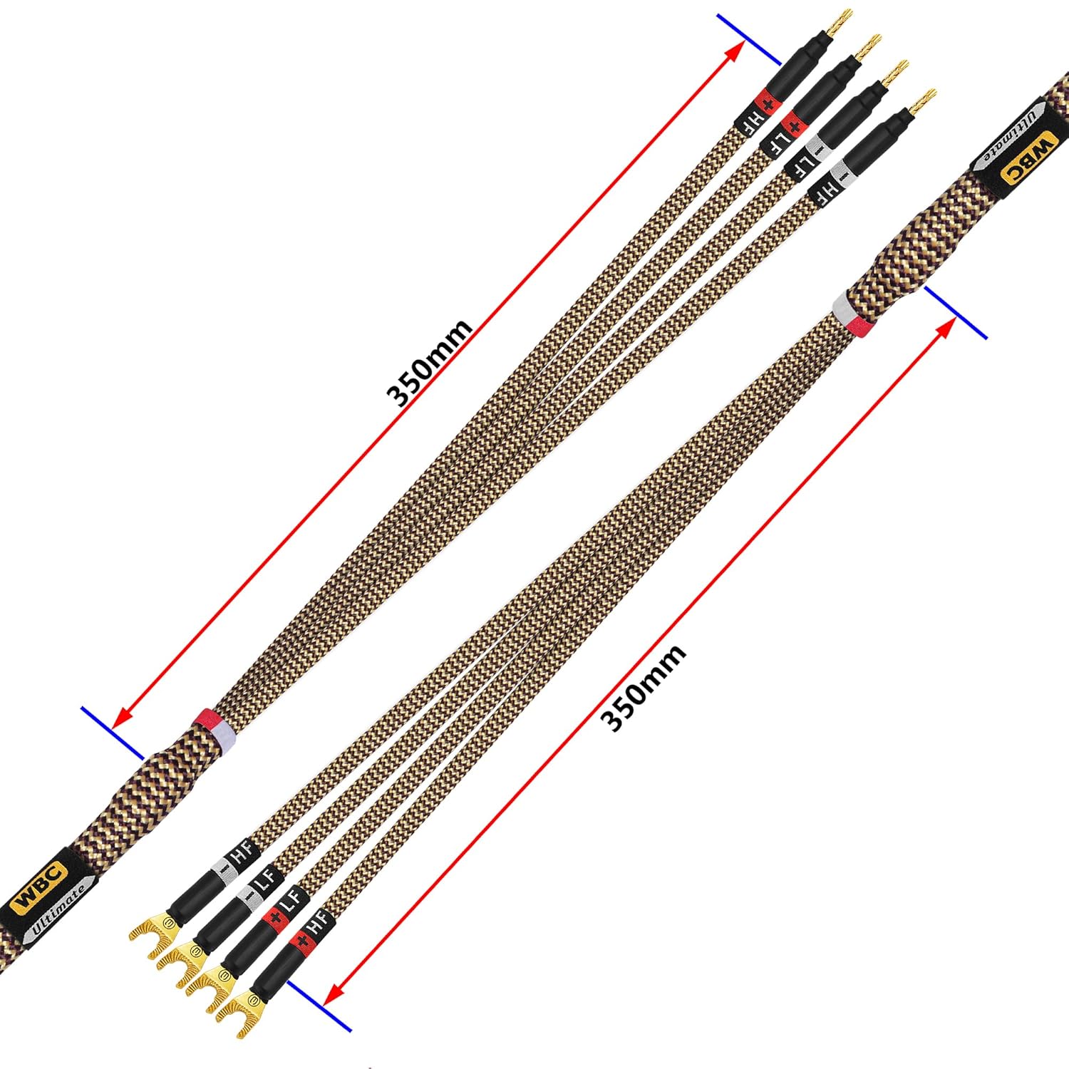 WORLDS BEST CABLES 12 Foot Ultimate - 12 AWG - Ultra-Pure OFC - Premium Audiophile HiFi Bi-Amp Speaker Cable Pair with Eminence Gold Banana (x4) & Spade (x4) Plugs & TnBrwn Tweed Jacket