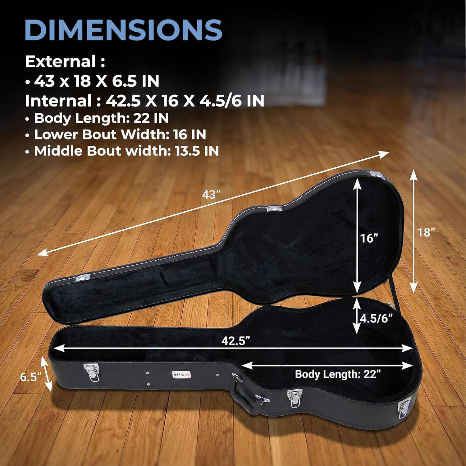 Gearlux Dreadnought Acoustic Guitar Hardshell Case with Accessory Compartment - Black