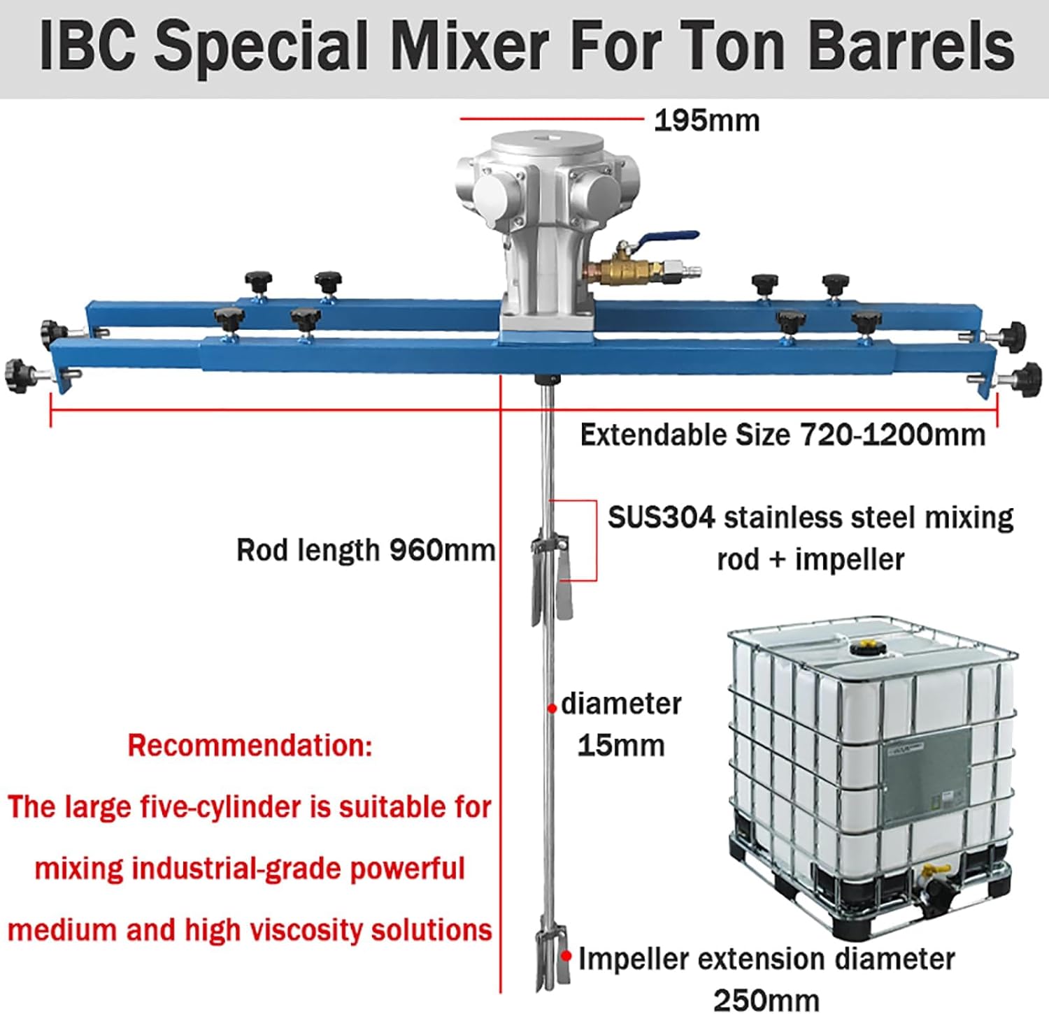 Pneumatic Paint Mixer for IBC Drum - 1HP Air Agitator Stirring Machine for 265 Gallon IBC, Suitable for Viscosity Less Than 7000CP