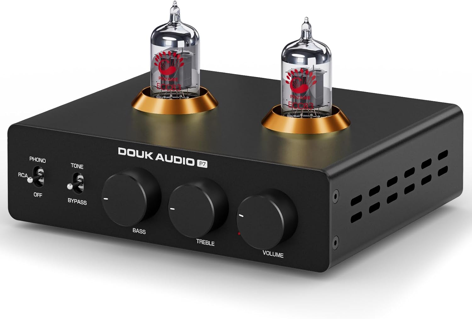 Douk Audio P7 Phono Preamp: Vacuum Tube Turntable Preamplifier with Balanced XLR Output, High-Pass Filter, Bass & Treble Control, Bypass for MM Record Player, Amplifier, Speaker