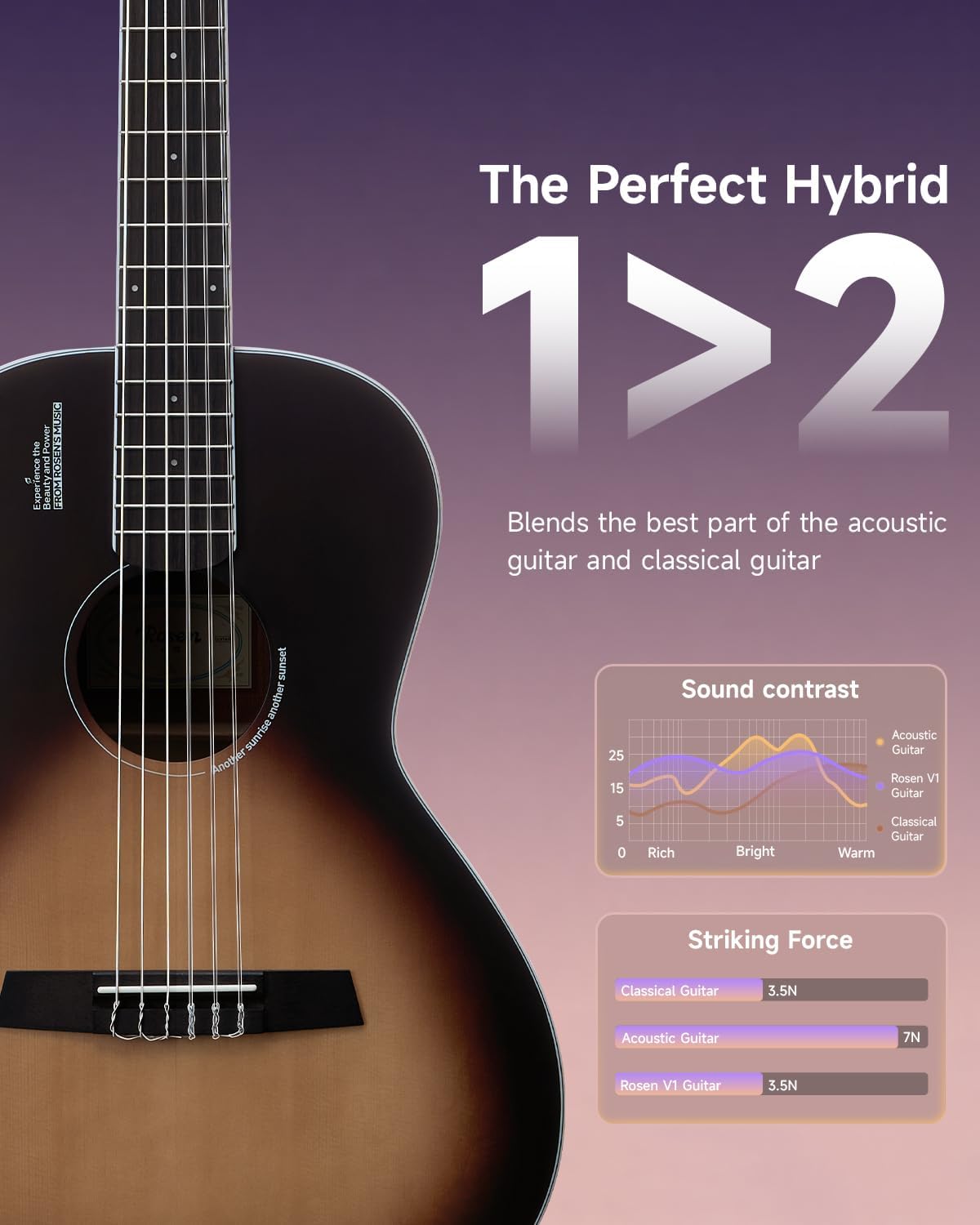 Rosen V1 Hybrid Acoustic Guitar for Beginners Adults Patented Body with Solid Spruce Top & Soft Touch Strings Thin Neck & Open Pore Matte 38 Inch,Black