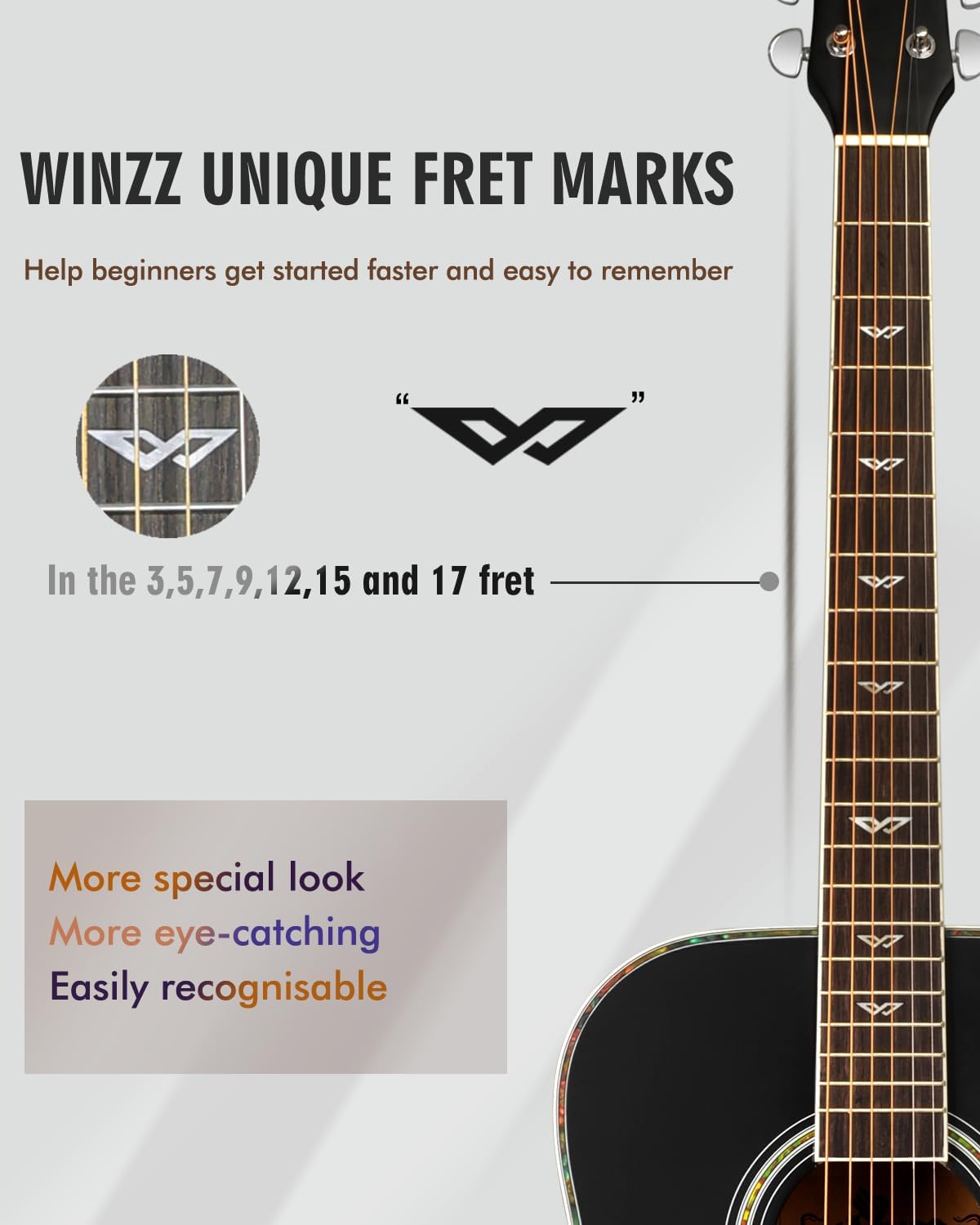 Winzz Acoustic Guitars Full Size, 4/4 Folk Guitar for Beginners Adults, Acoustic Steel-string Guitar Black (41 Inches）