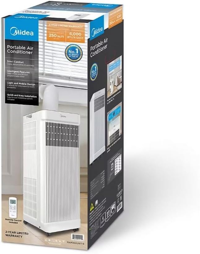 Midea 6,000 BTU DOE Smart Portable Air Conditioner, for spaces up to 250 sq. ft., 870 watts, 3-in-1 comfort: Air Conditioning, Fan, and Dehumidifier, Built-in Wheels - MAP06S1JWT-B