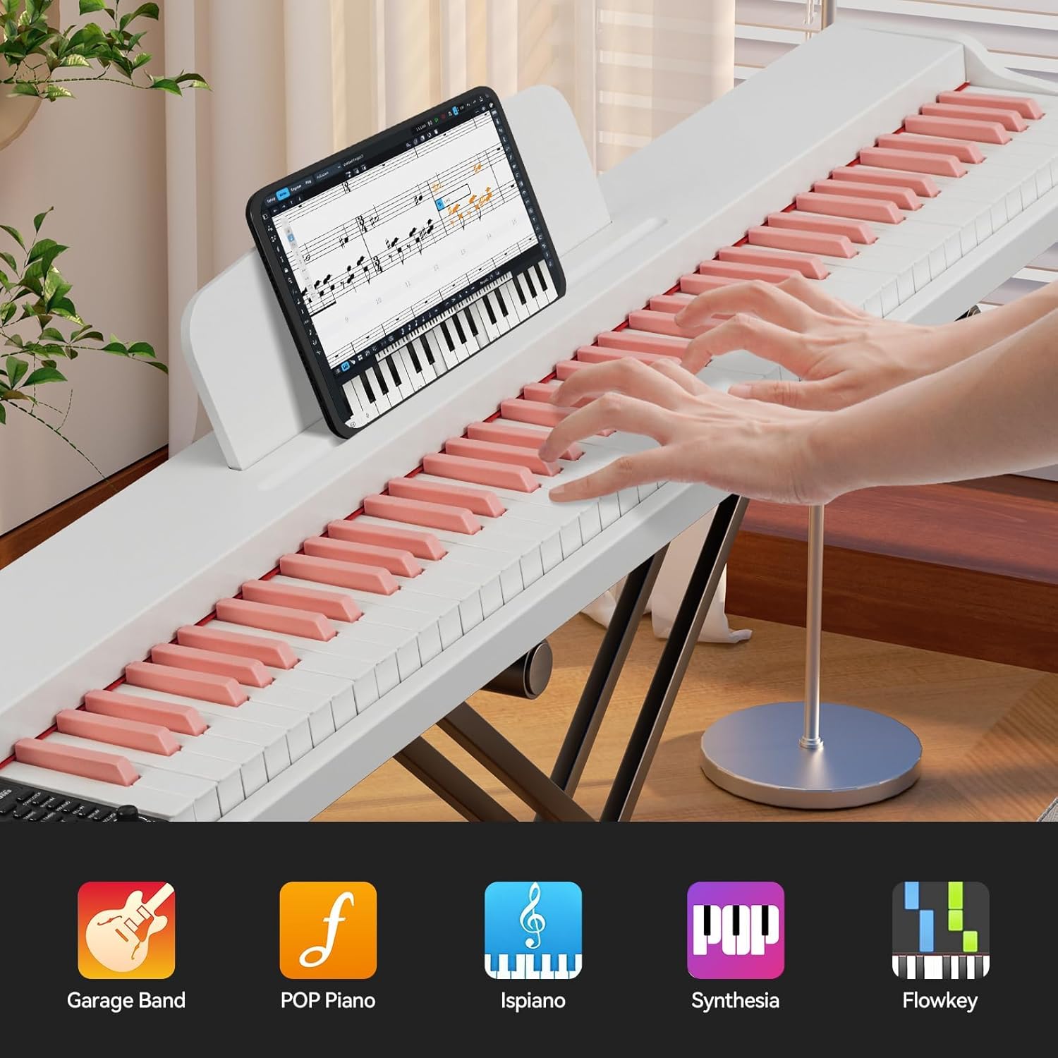 ZHRUNS 88 Key Weighted Keyboard Piano with X-Shape Stand, Sustain Pedal, Power Adapter & Sheet Music Stand - Home Digital Piano, White Pink