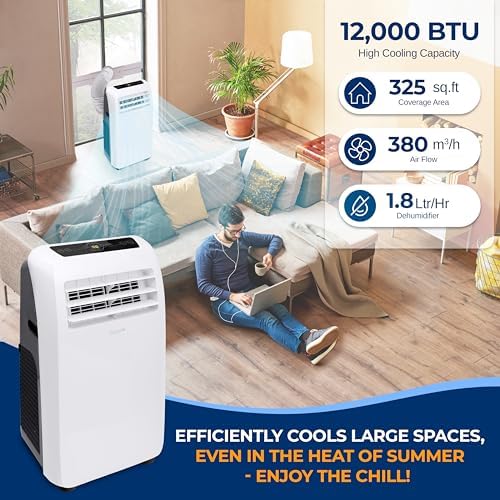 SereneLife Portable Air Conditioner + Heat 12,000 BTU with Built-in Dehumidifier - Portable AC unit for rooms up to 550 sq ft - Remote Control, Window Mount Exhaust Kit