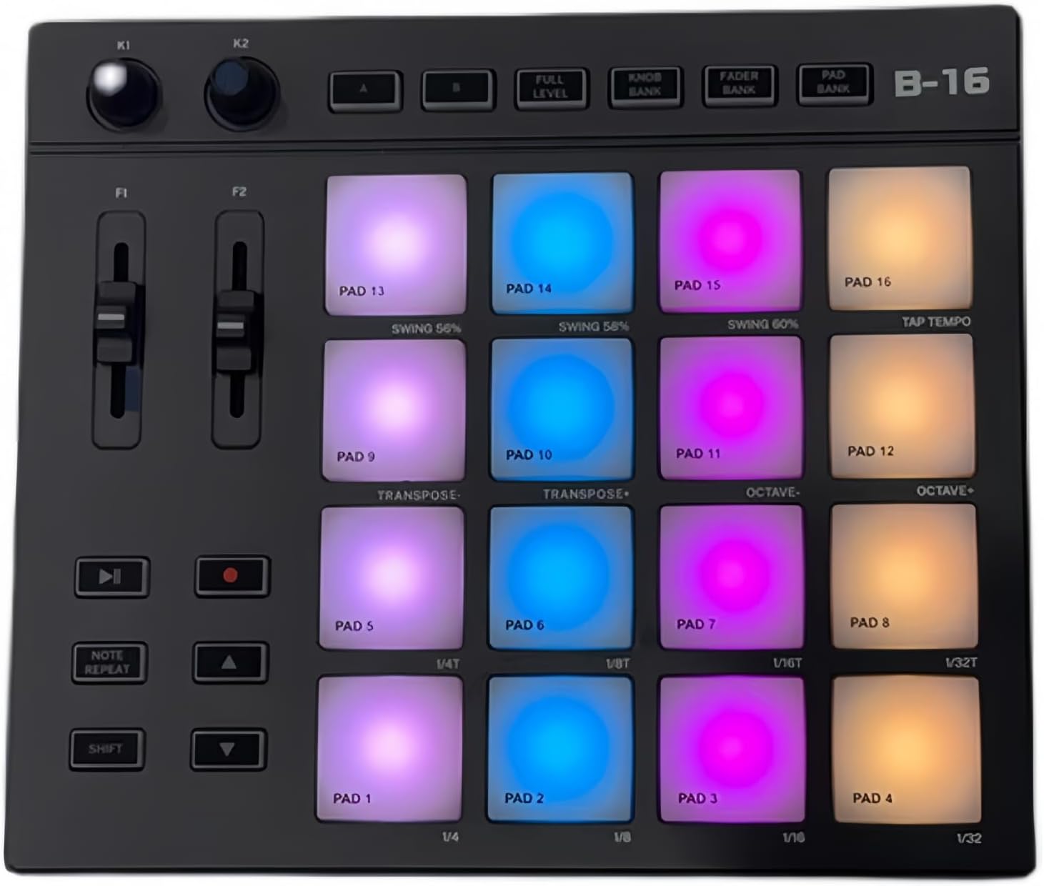 Professional MIDI Pad Controller, Beat Maker Machine with 16 Drum Pads & 2 Assignable Fader Knobs, RGB Portable Pad Drum Machine, for Beginner Music Production