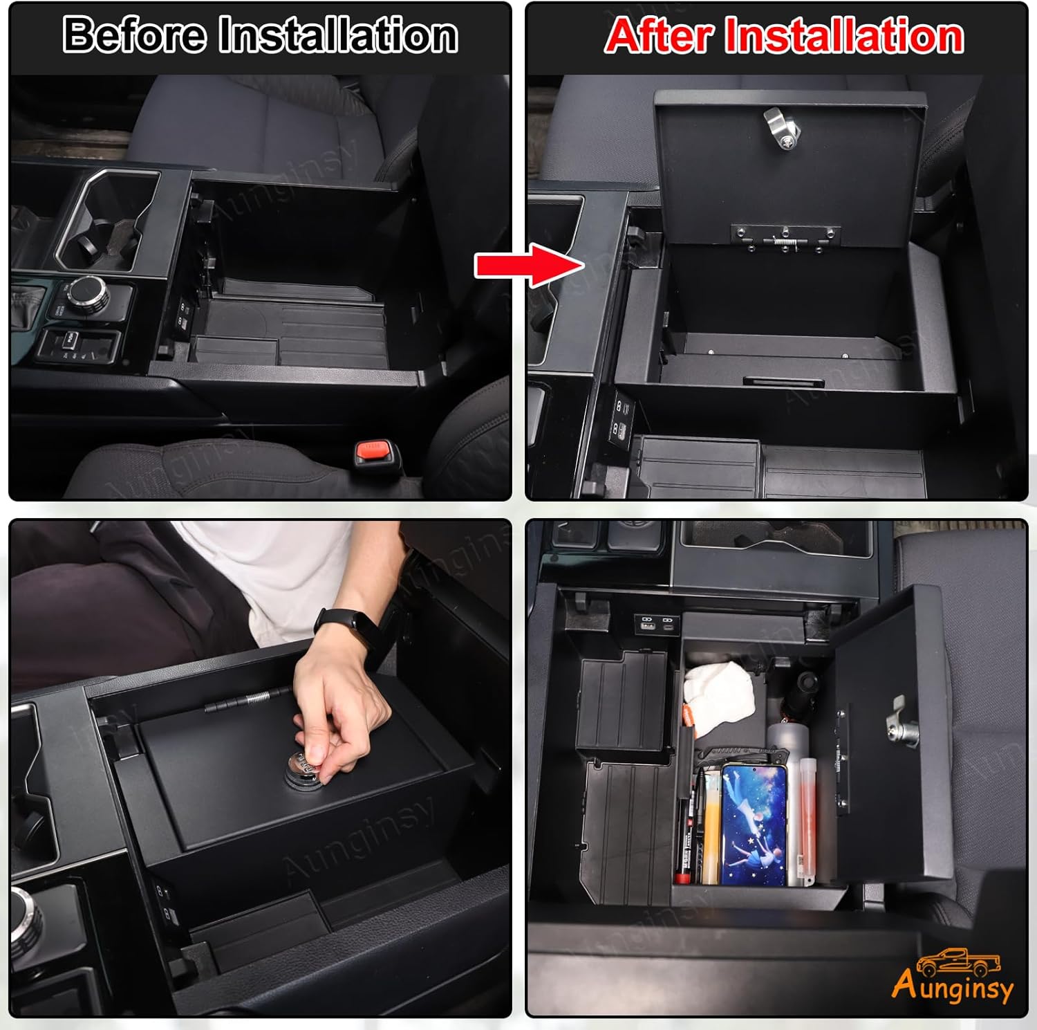Aunginsy Car Center Console Lock Safe Box Armrest Storage Compatible with Toyota Tundra 2022-2025 Center Console Lock Box Armrest Security Organizer Tray with 3 Digit Combo Password Insert Accessories