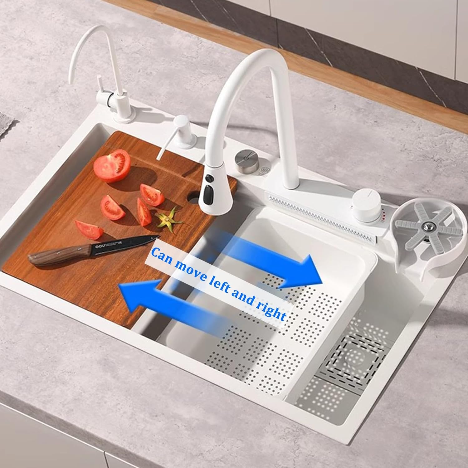 White Kiten Sink Stainless Steel Sink Large Single Bowl Sink White Waterfall Faucet Including Cup Washer Soap Dispenser and Other Accessories