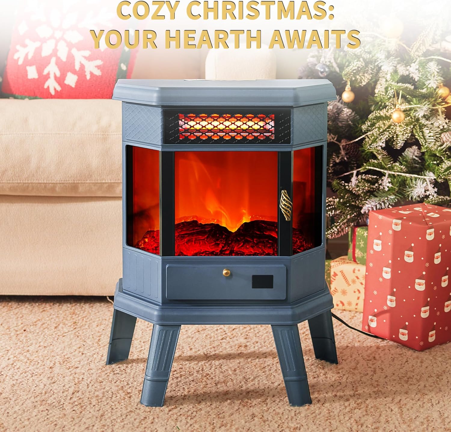 RealSmart Electric Fireplace Heater 22 in Freestanding Fireplace Stove Infrared Fireplace with 3D Flame Effect Remoted Control, Timer, Overheating Protection (Blue)