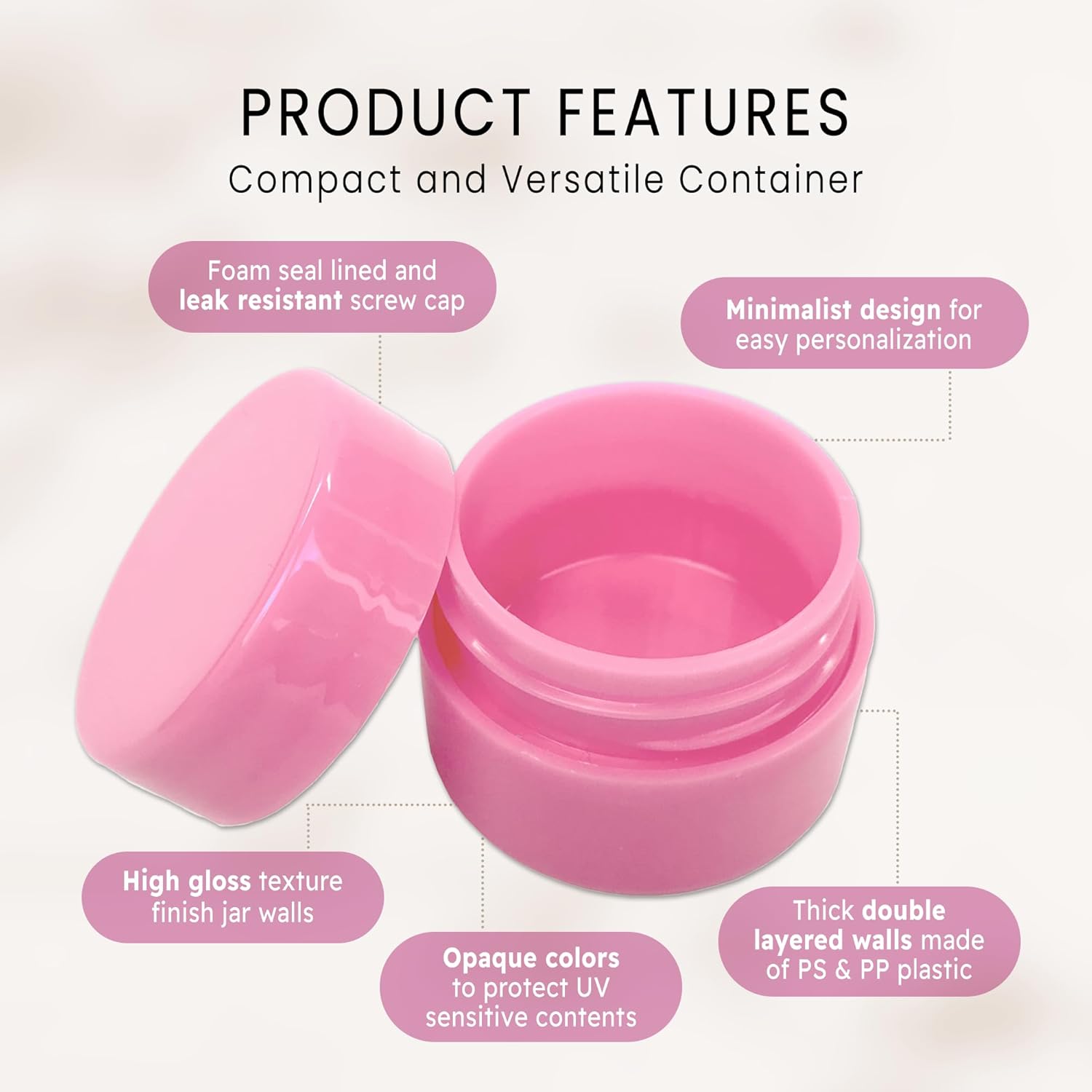 Beauticom® 300 Pieces 7G/7ML (0.25oz) PINK Sturdy Thick Double Wall Plastic Container Jar with Foam Lined Lid for Acrylic Powder, Rhinestones, Charms and Other Nail Accessories - BPA Free