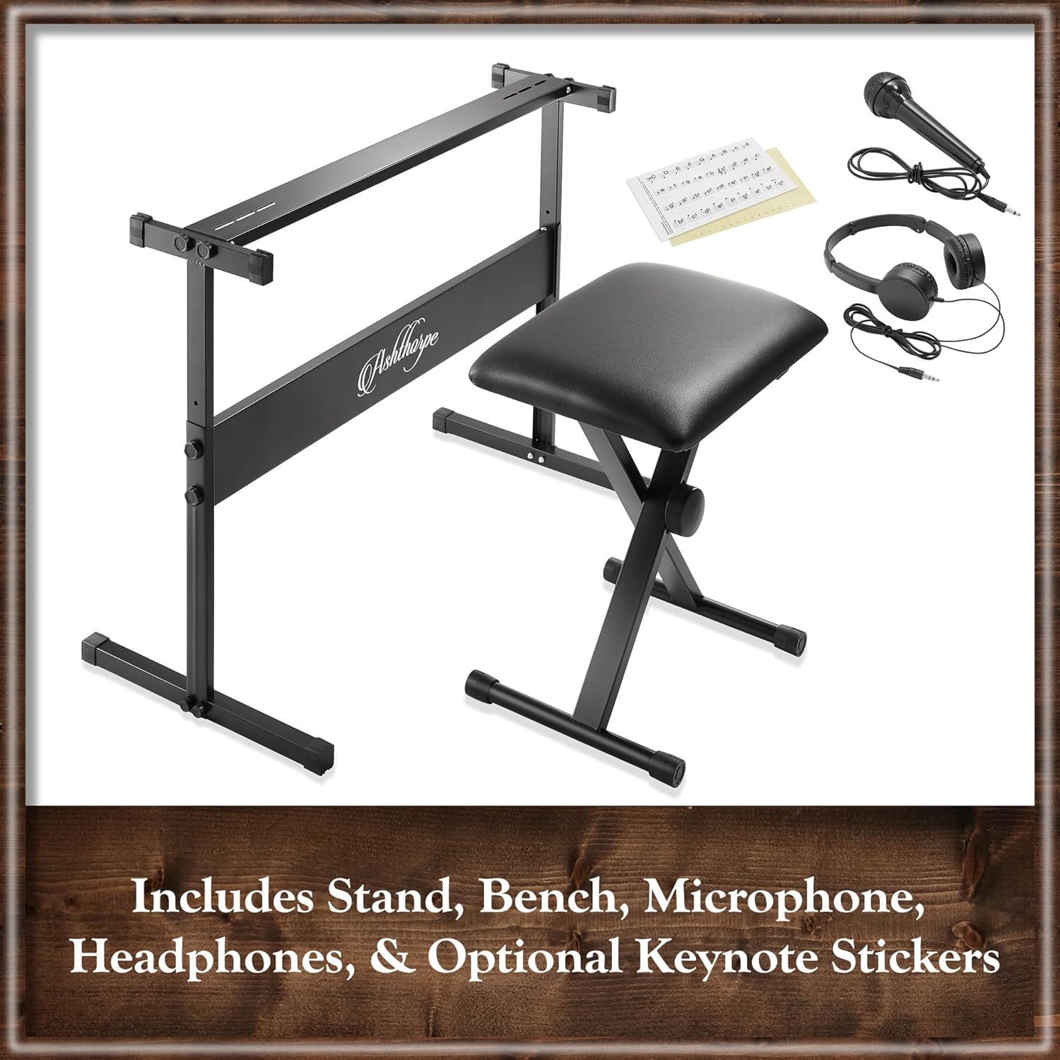 Ashthorpe 61-Key Digital Keyboard Piano with Stand and Bench, Portable Electronic Piano Keyboard Kit with Headphones, Microphone, Keynote Stickers