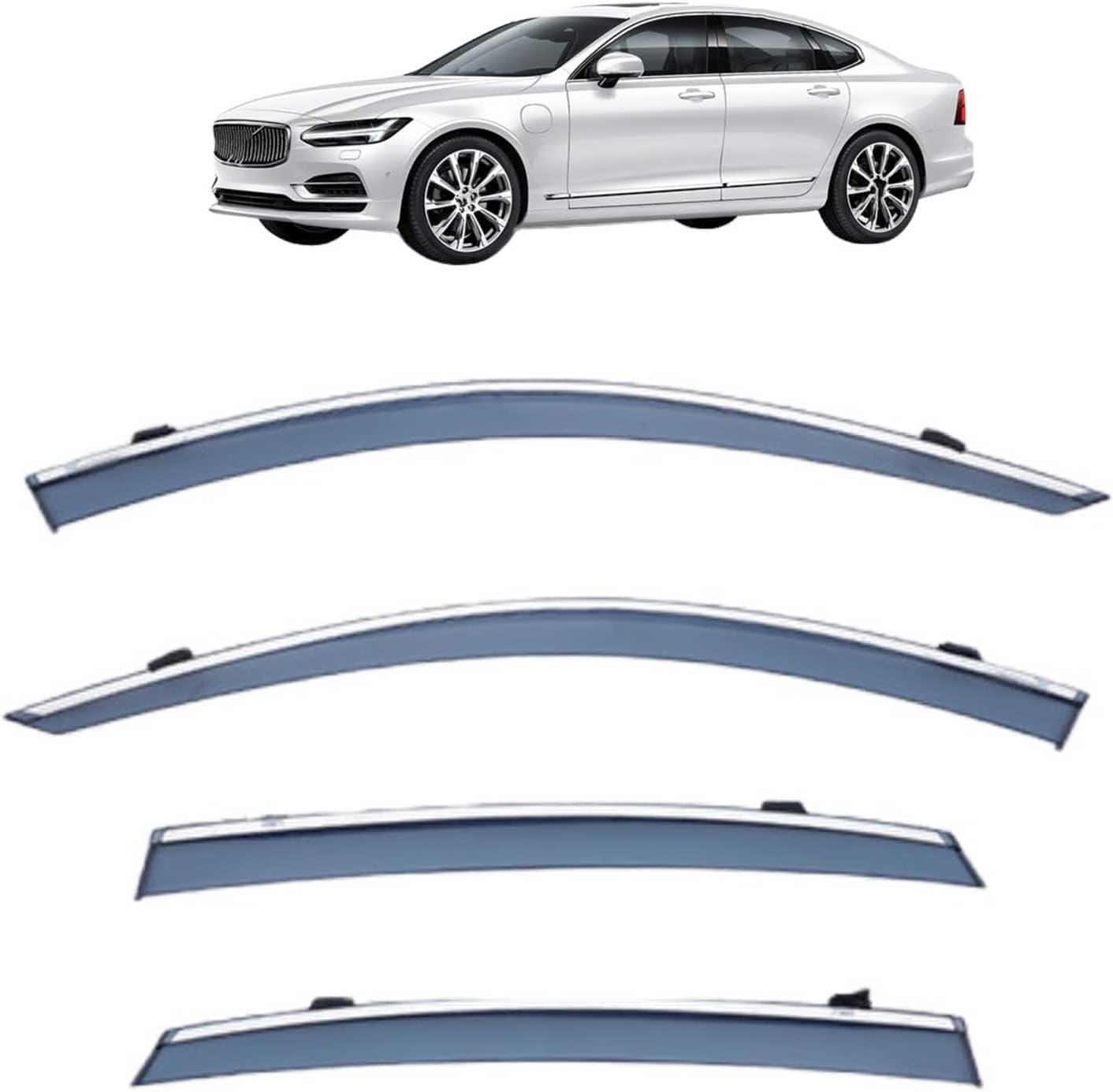 Window Deflectors for Volvo S90L MK1 2017+ LWB, Sun Rain Guard Window Visors Vent Shades with Bright Stripes Car Accessories